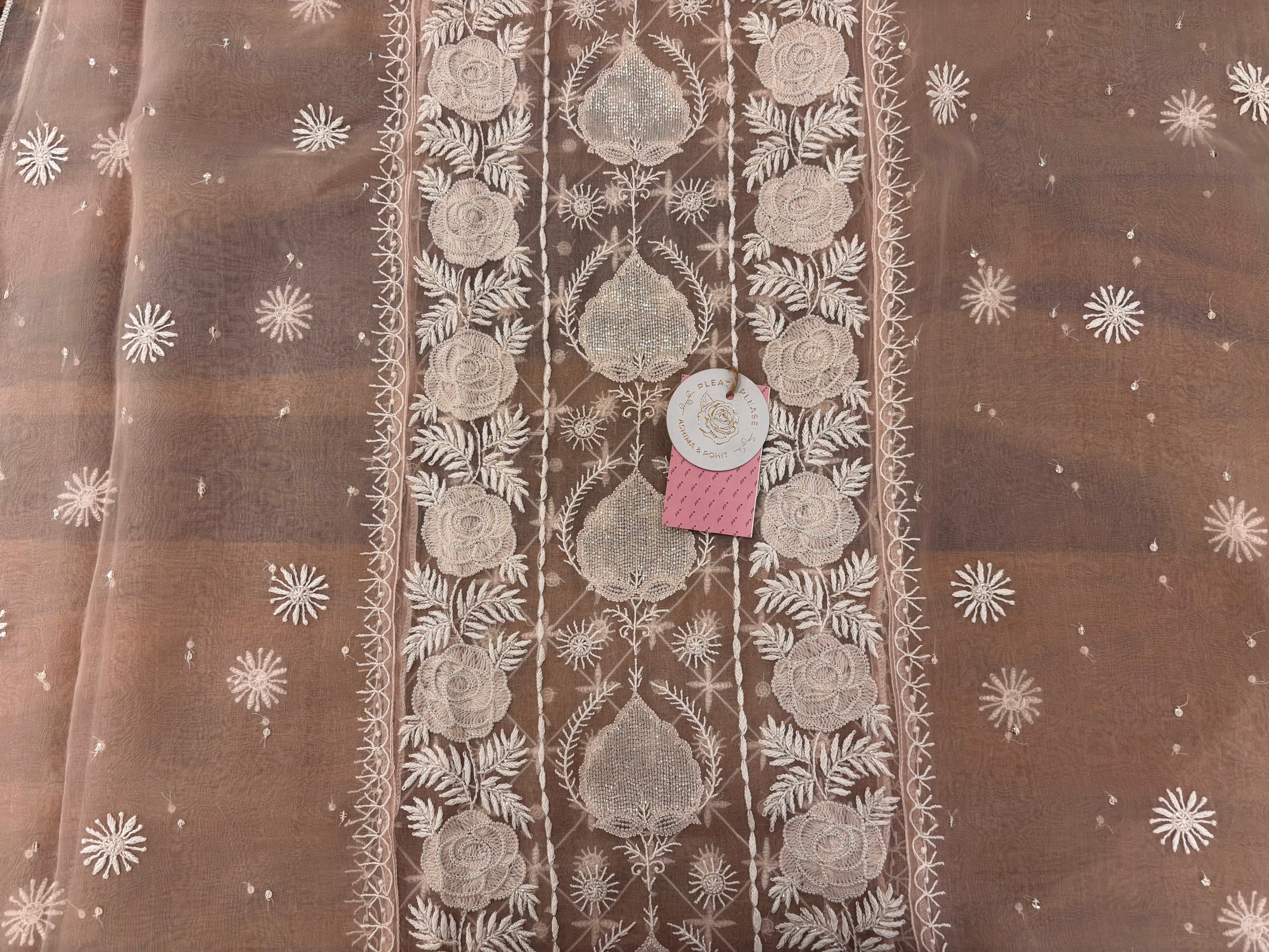 Baby Pink Pure Organza Chikankari Kurta & Dupatta - Pleats PleaseChikankari