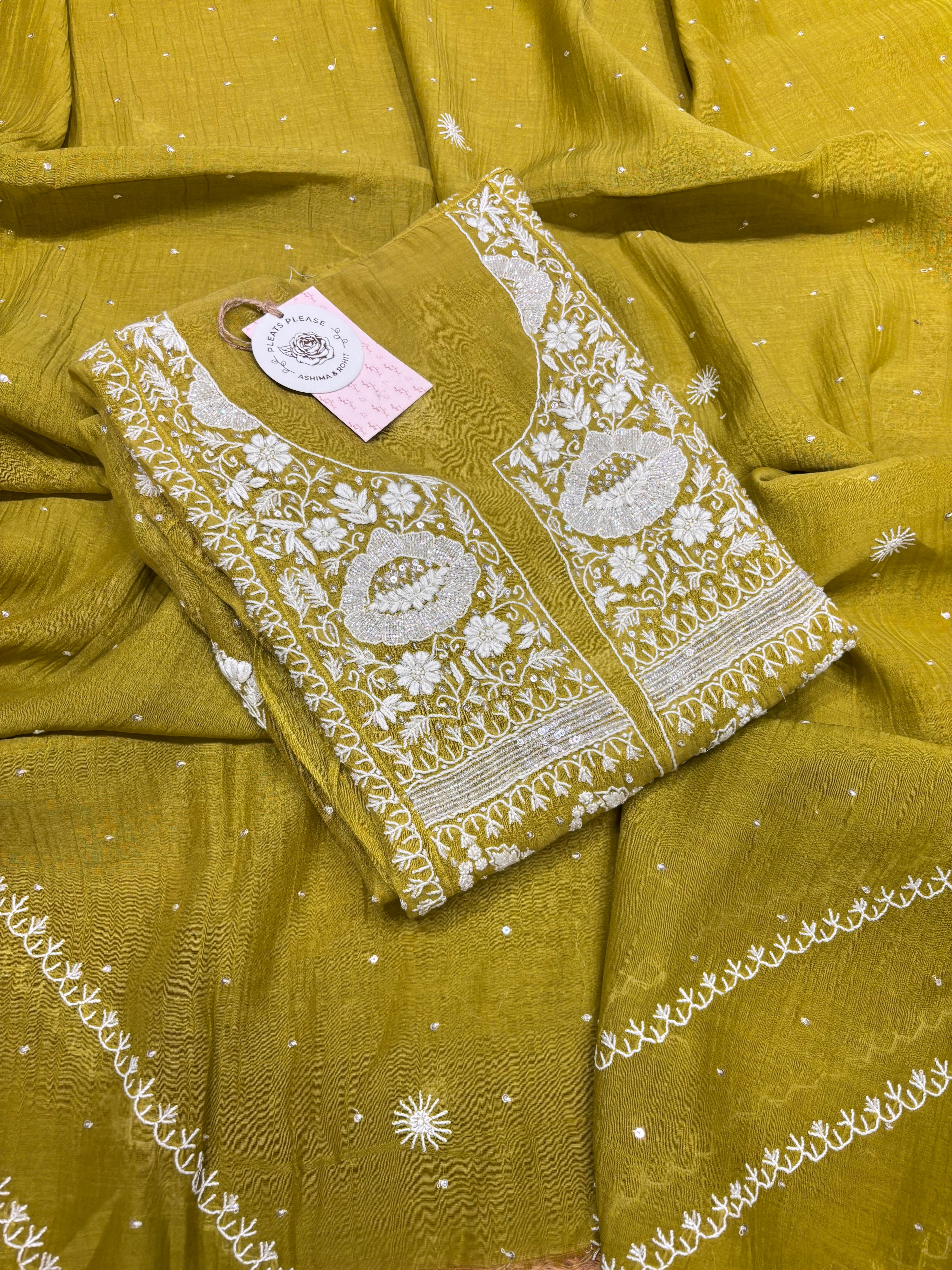 Olive Green Chanderi Mul Chikankari Kurta and Dupatta
