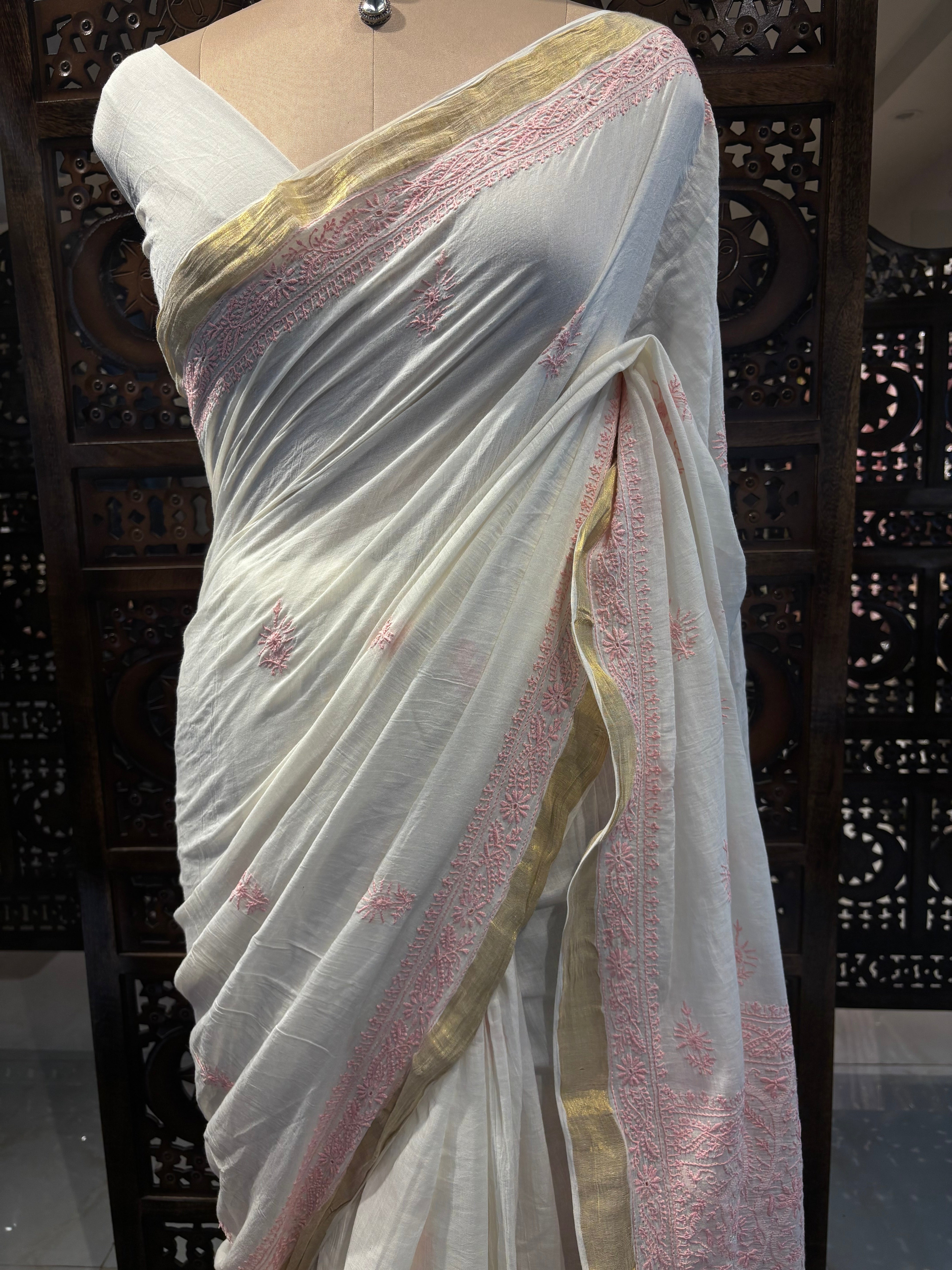Dyeable Pure Chanderi Mul Chikankari Saree