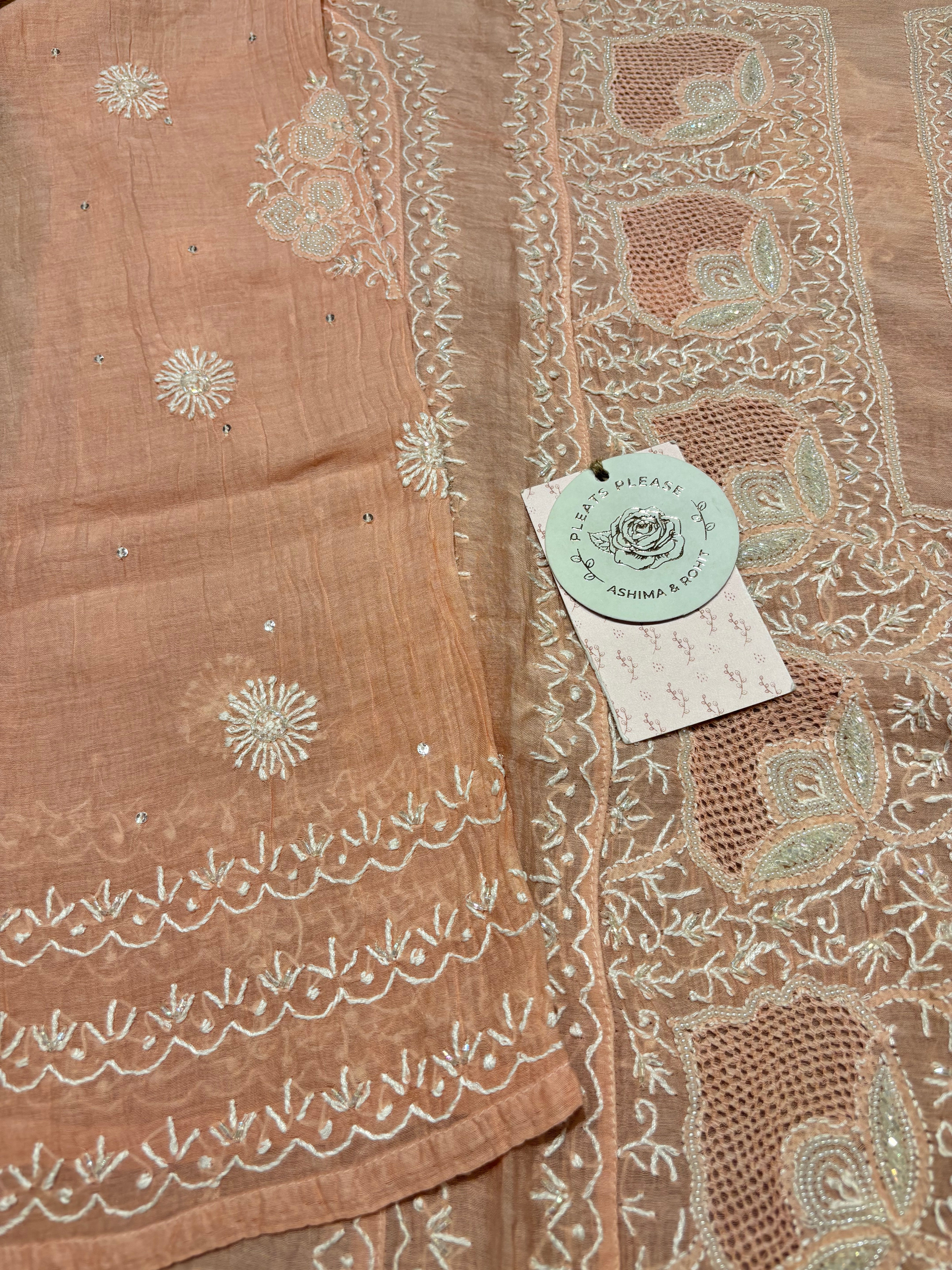 Peach Chanderi Mul Chikankari Kurta and Dupatta Set