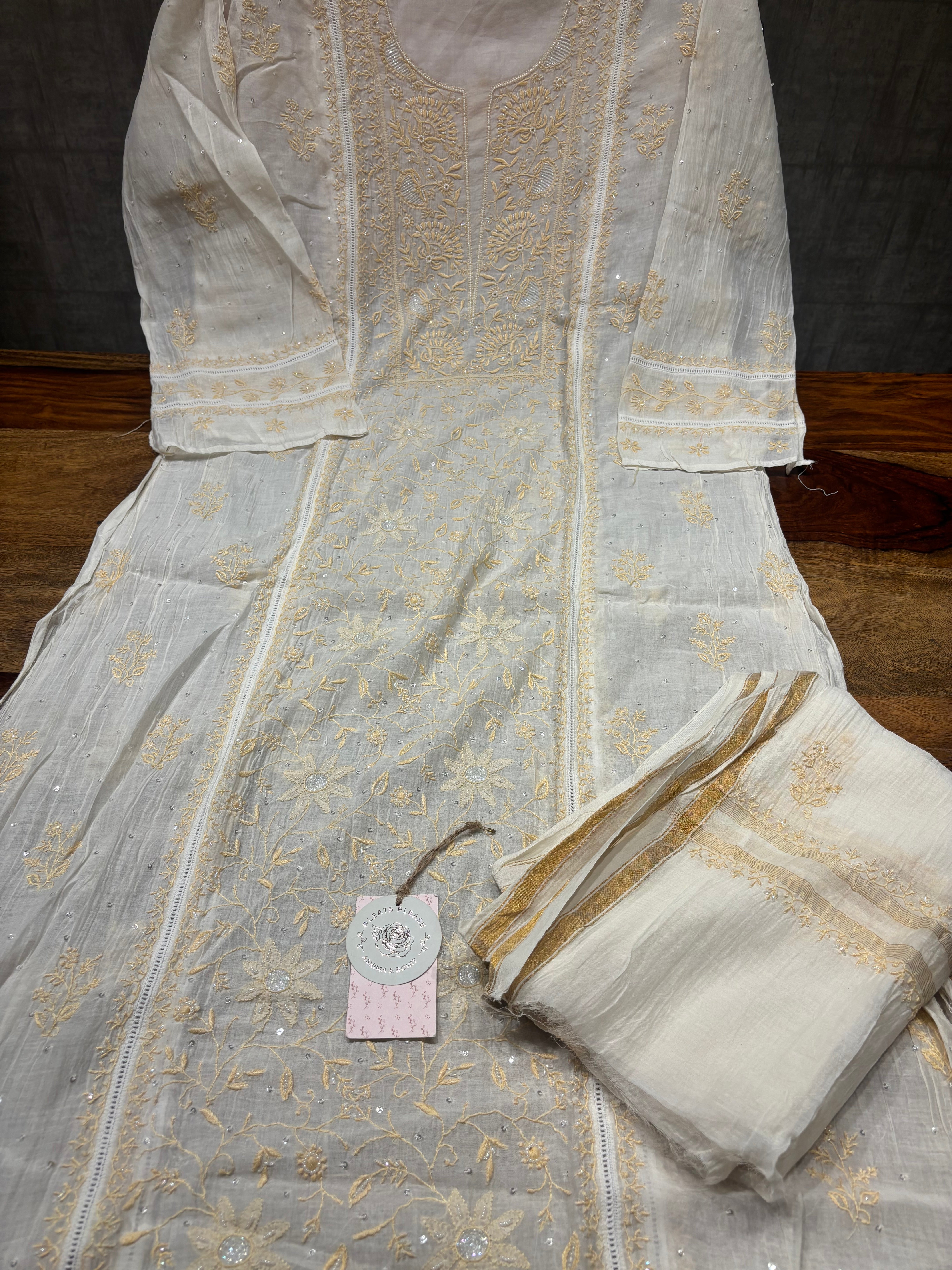 Dyeable Chanderi Silk Chikankari Kurta and Dupatta set