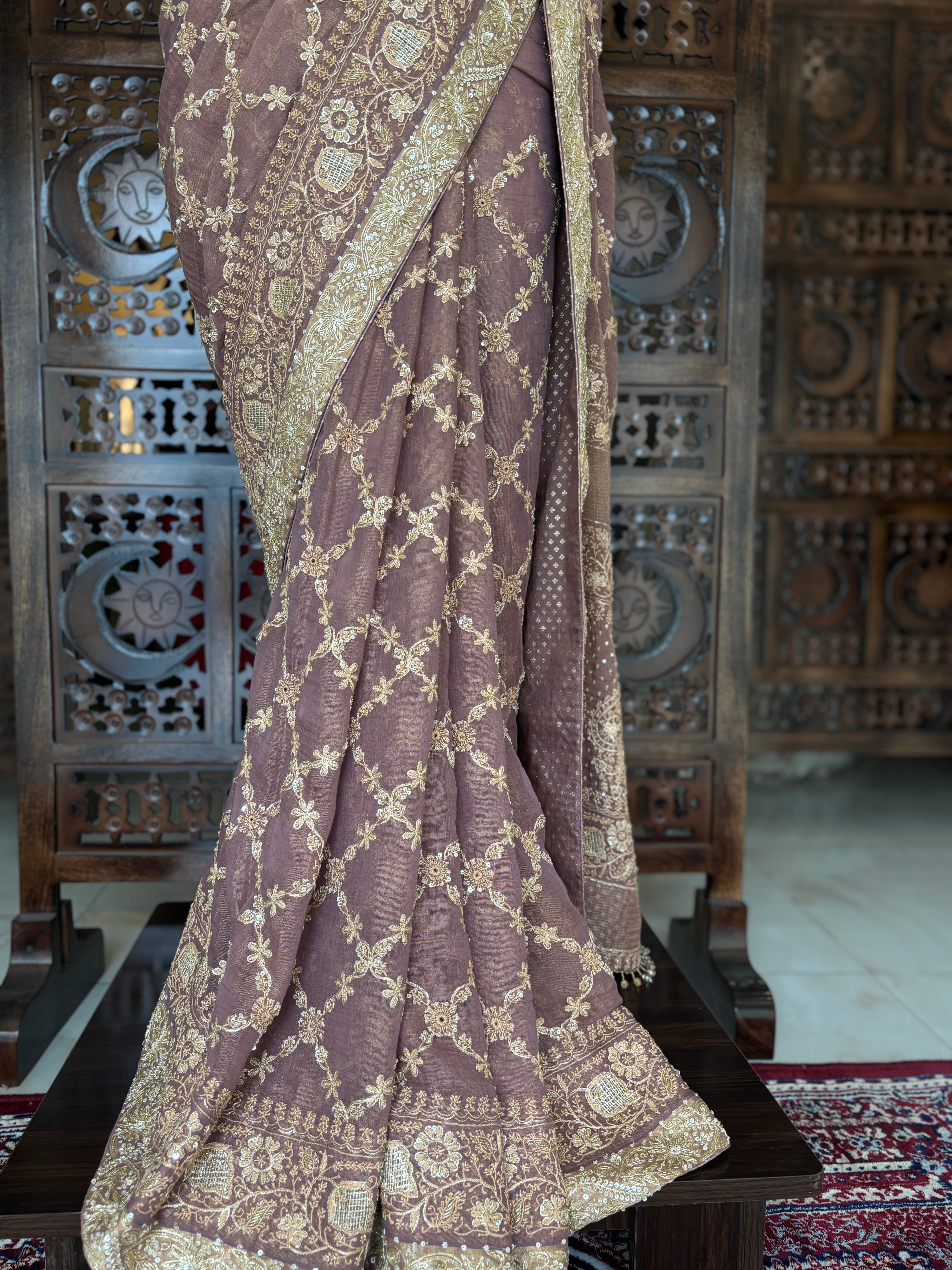 Garnet Pure & Premium Tissue Chikankari Saree and Blouse - Pleats PleaseChikankari