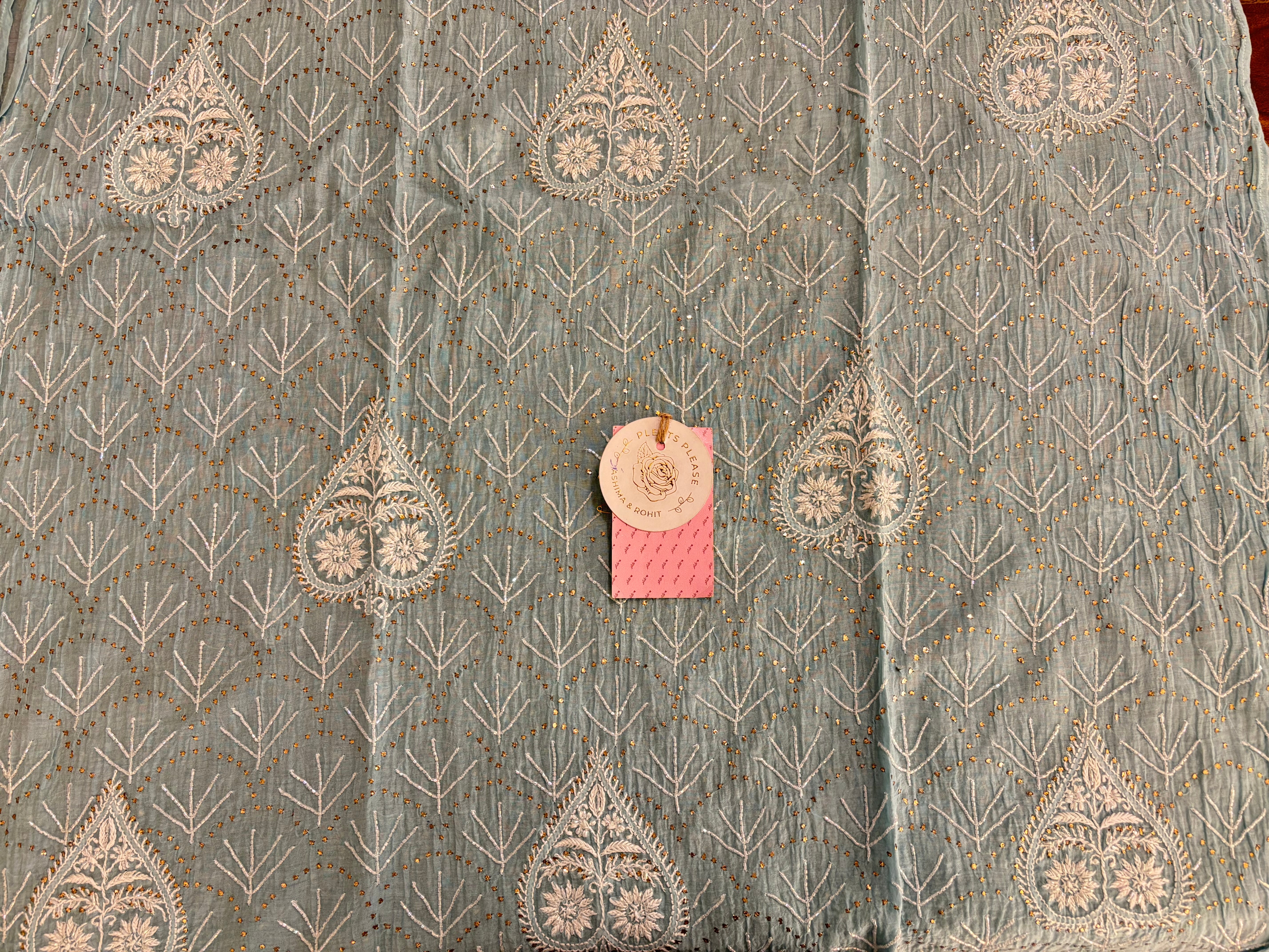 Ice Blue Chanderi Mul Chikankari Mukaish Kurta & Dupatta