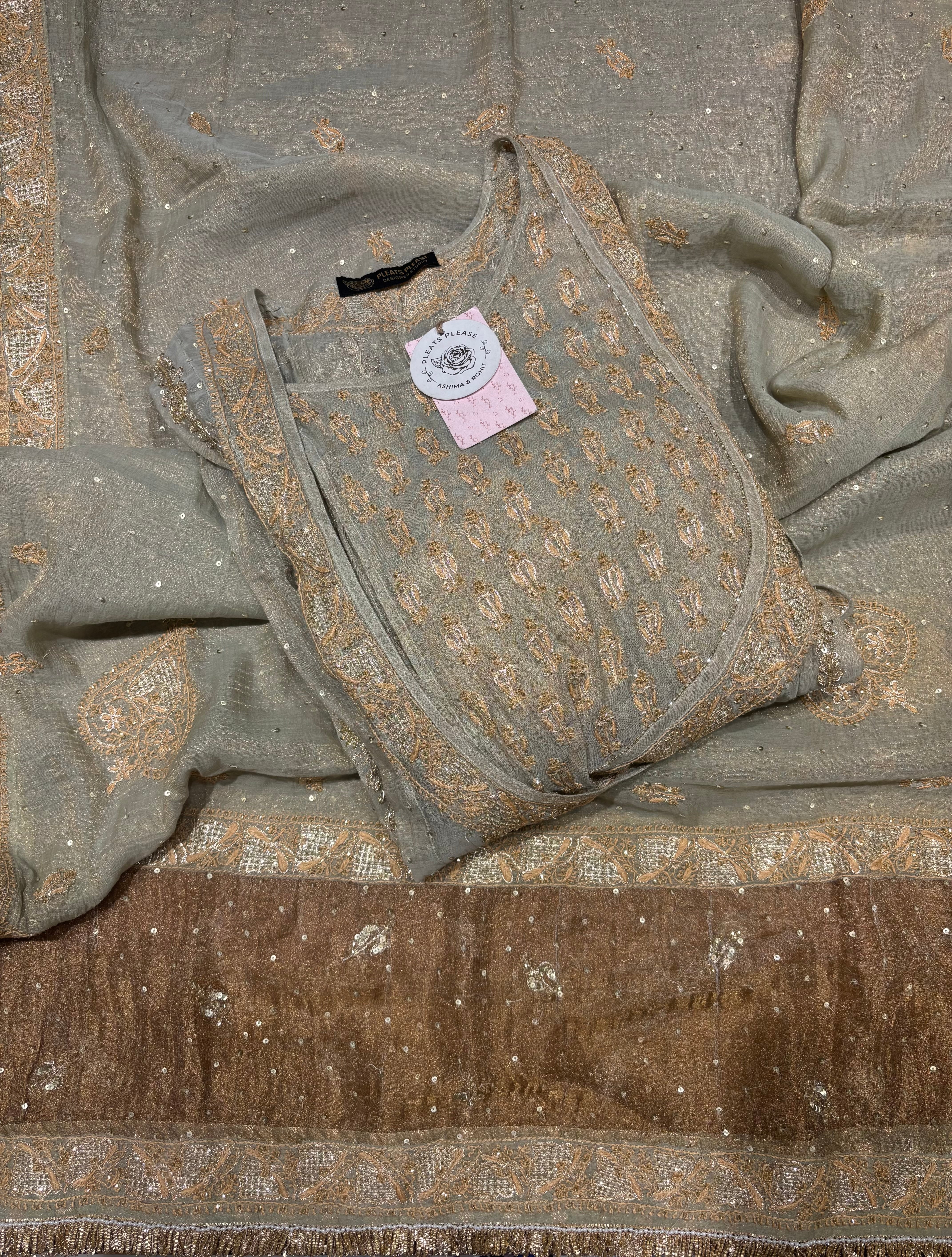 Cardamom Green Pure & Premium Tissue Chikankari Angrakha & Dupatta Set