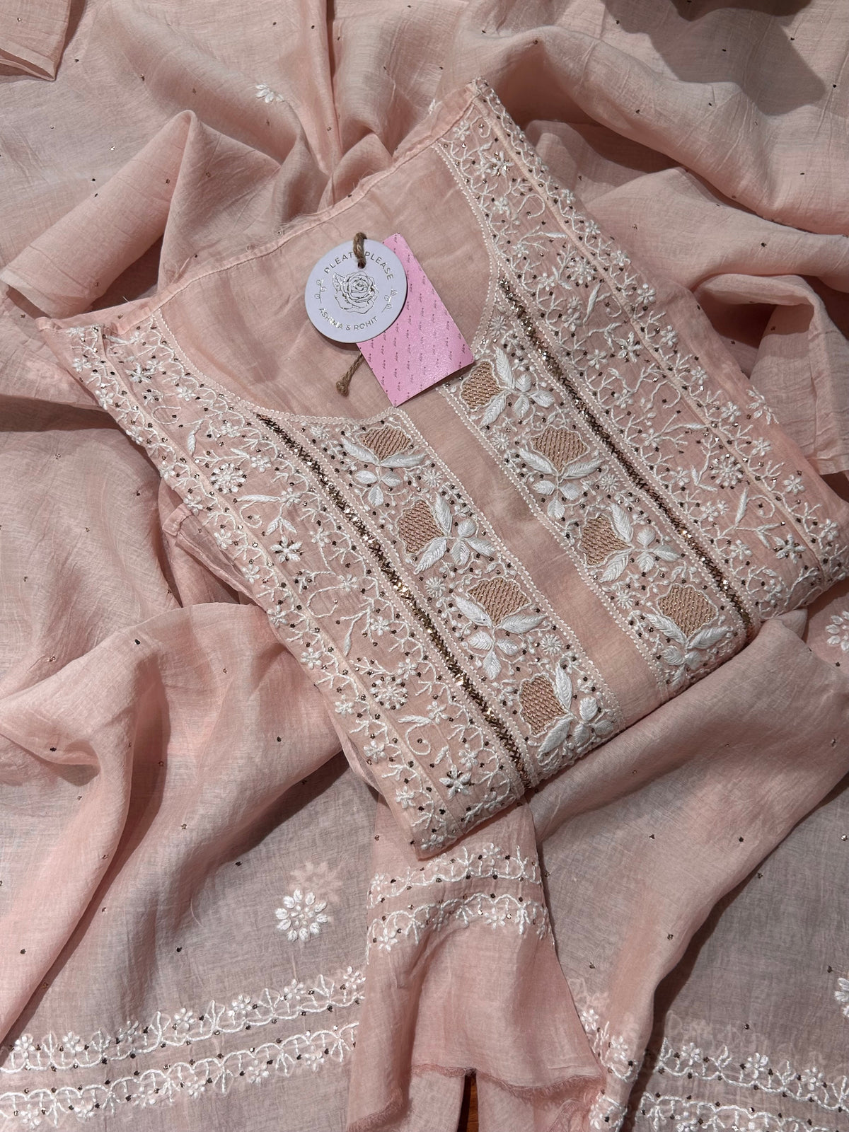 Pastel Peach Chanderi Mul Chikankari Mukaish Kurta & Dupatta