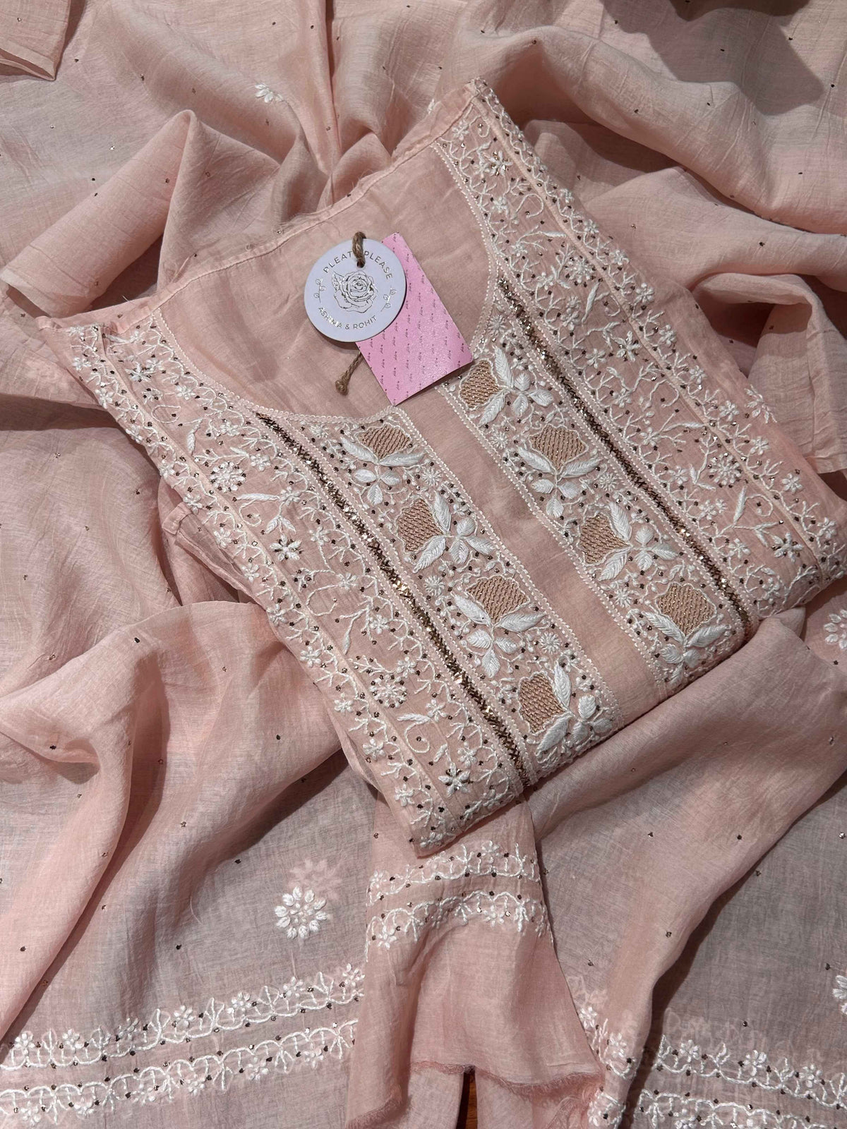 Pastel Peach Chanderi Mul Chikankari Mukaish Kurta & Dupatta