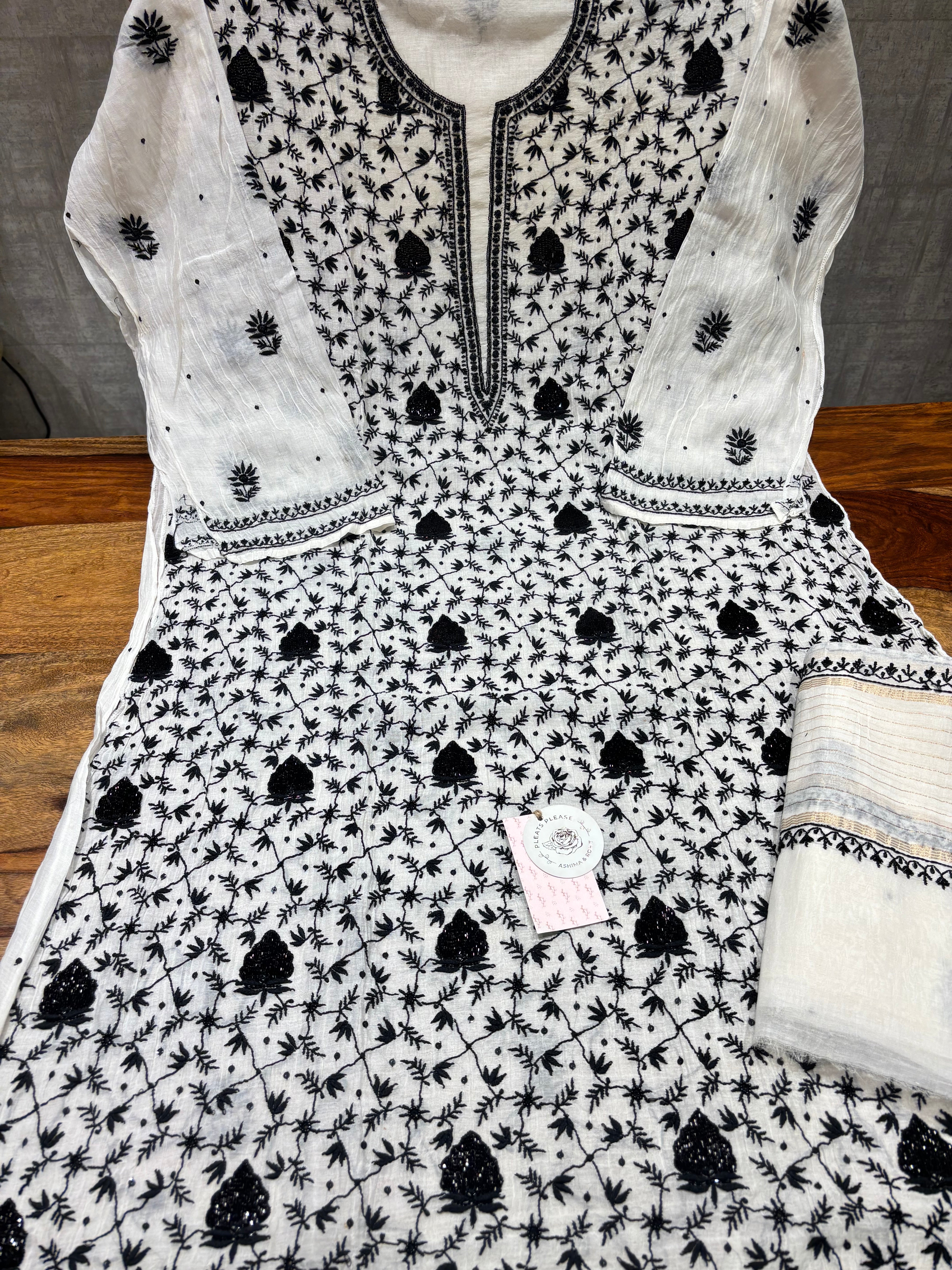Dyeable chanderi Mul Chikankari Kurta and Dupatta Set