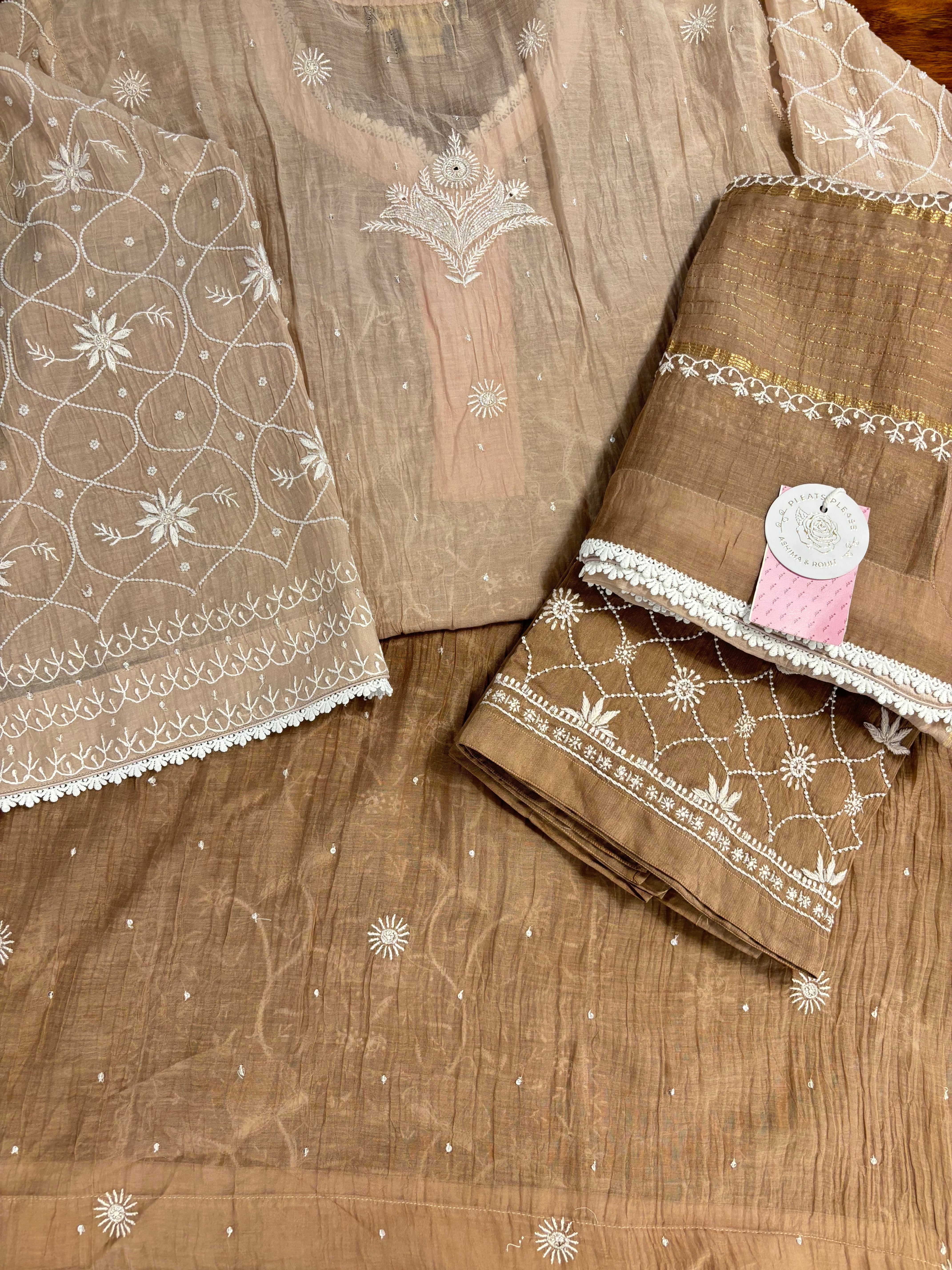 Mocha Brown Ombré Chanderi Mul Chikankari Kurta & Dupatta With Bottom - Pleats PleaseChikankari