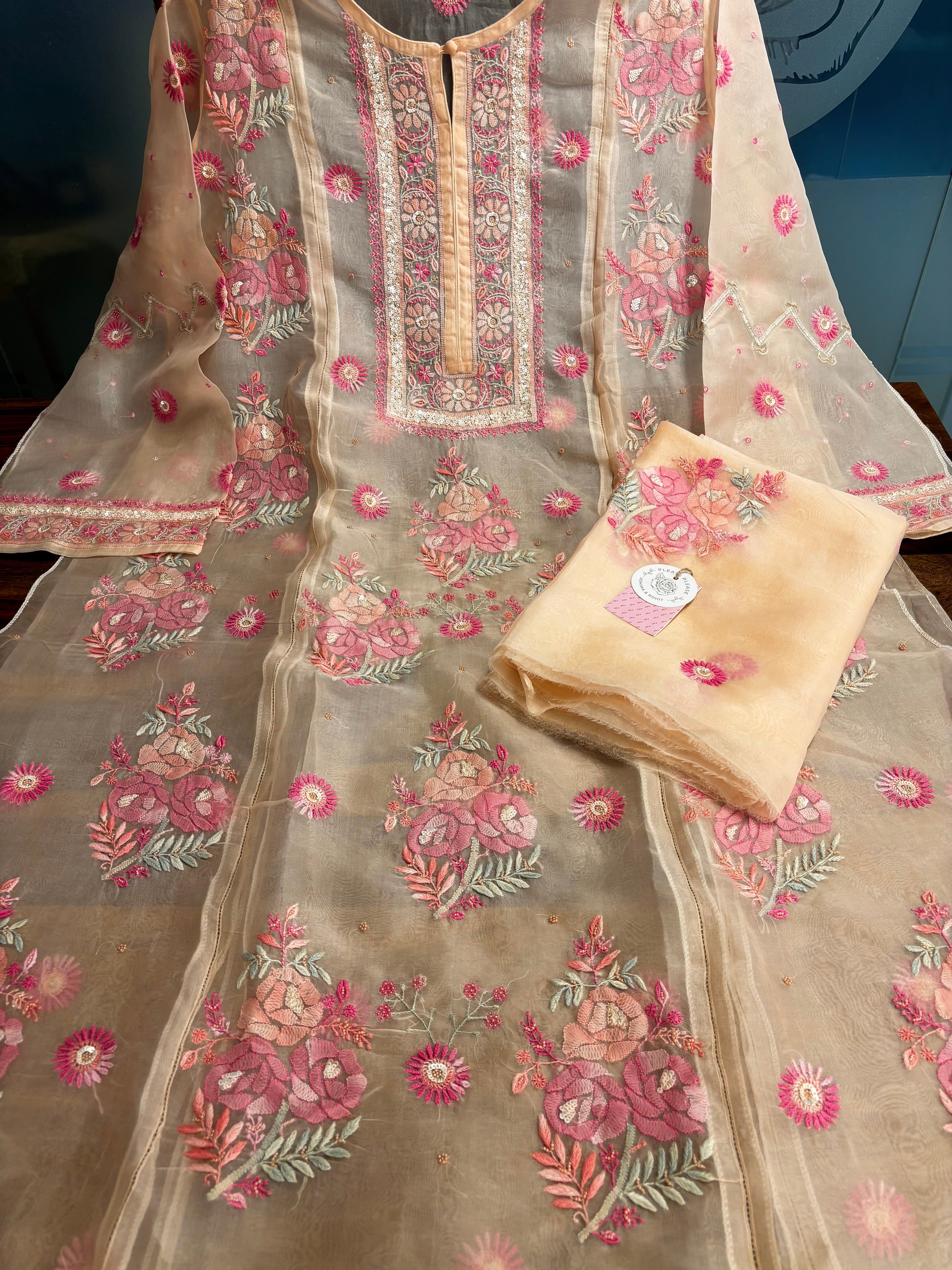 Pastle Peach Pure Organza Chikankari Kurta & Dupatta - Pleats PleaseChikankari