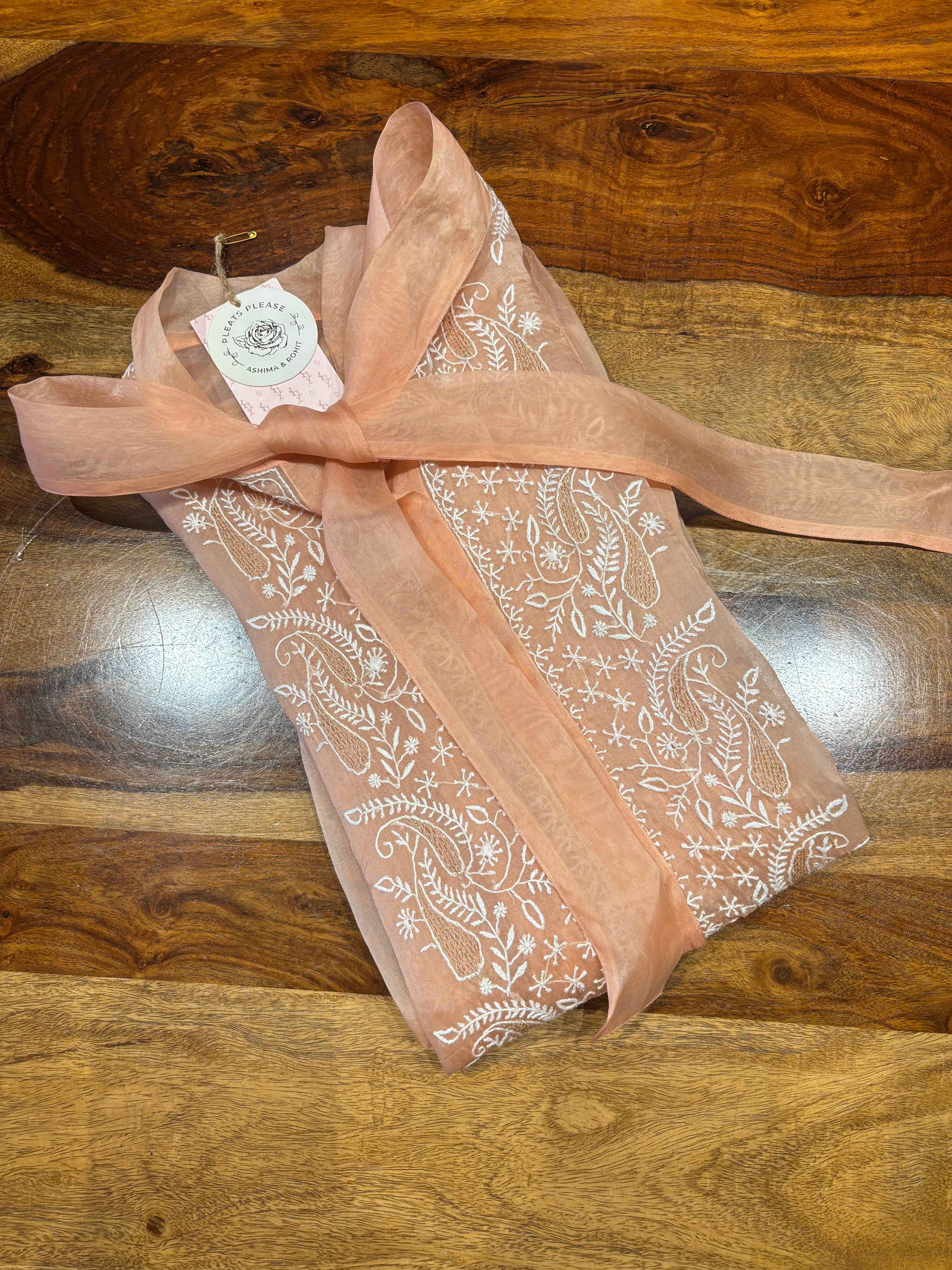 Peach Organza Silk Chikankari Shirt - Pleats PleaseChikankari