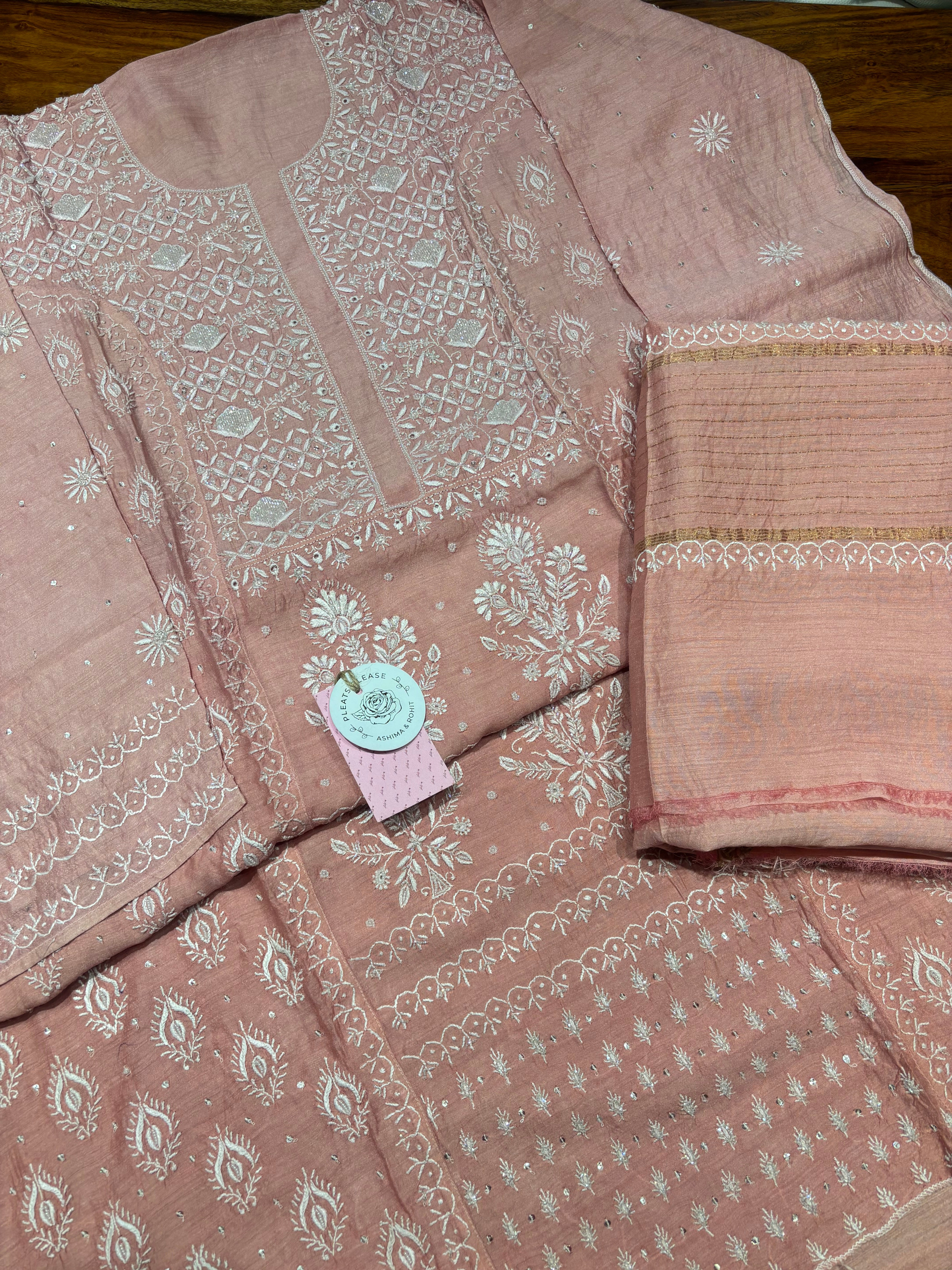 Pink Ombre Pure & Premium Monga Silk Chikankari Kurta & Dupatta Set