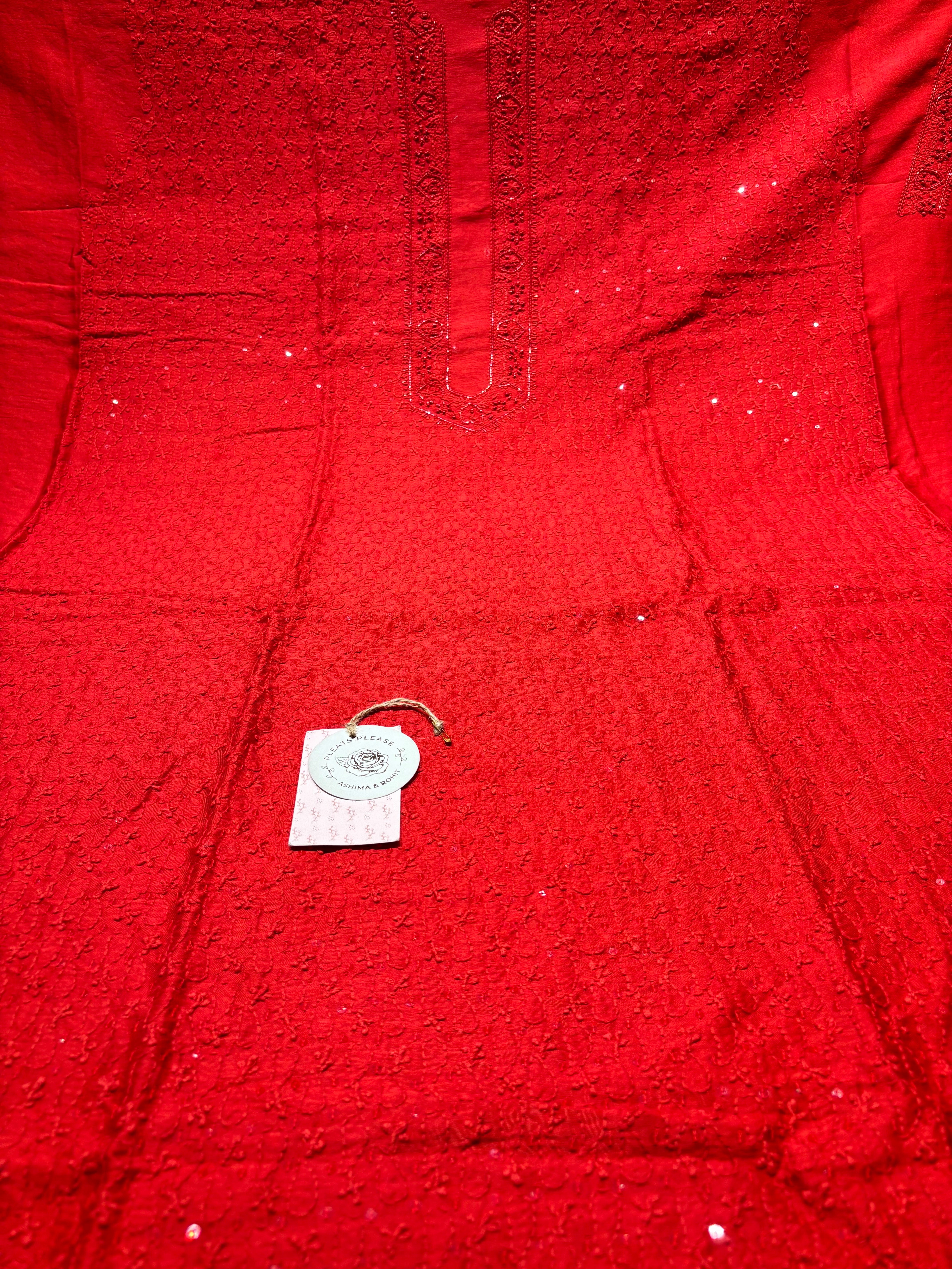 Red Chanderi Silk Chikankari Men’s Kurta Fabric