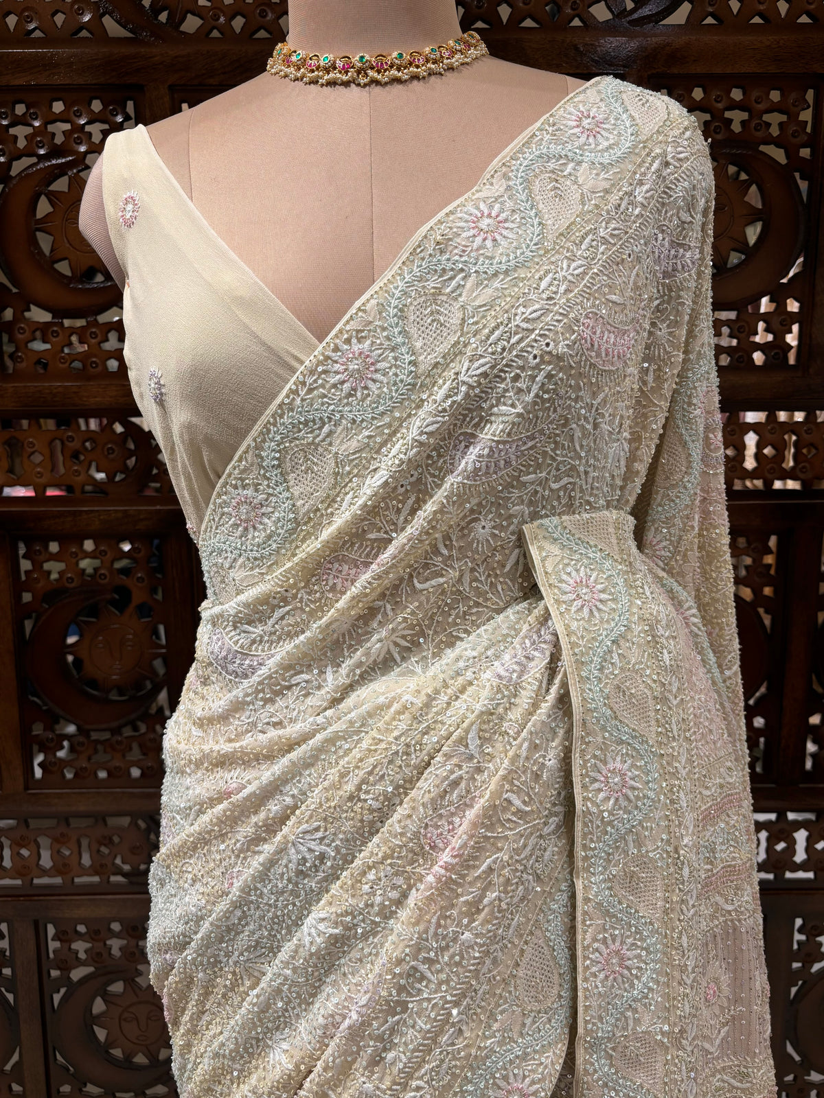 Soft Cream Pure & Premium Georgette Chikankari Saree