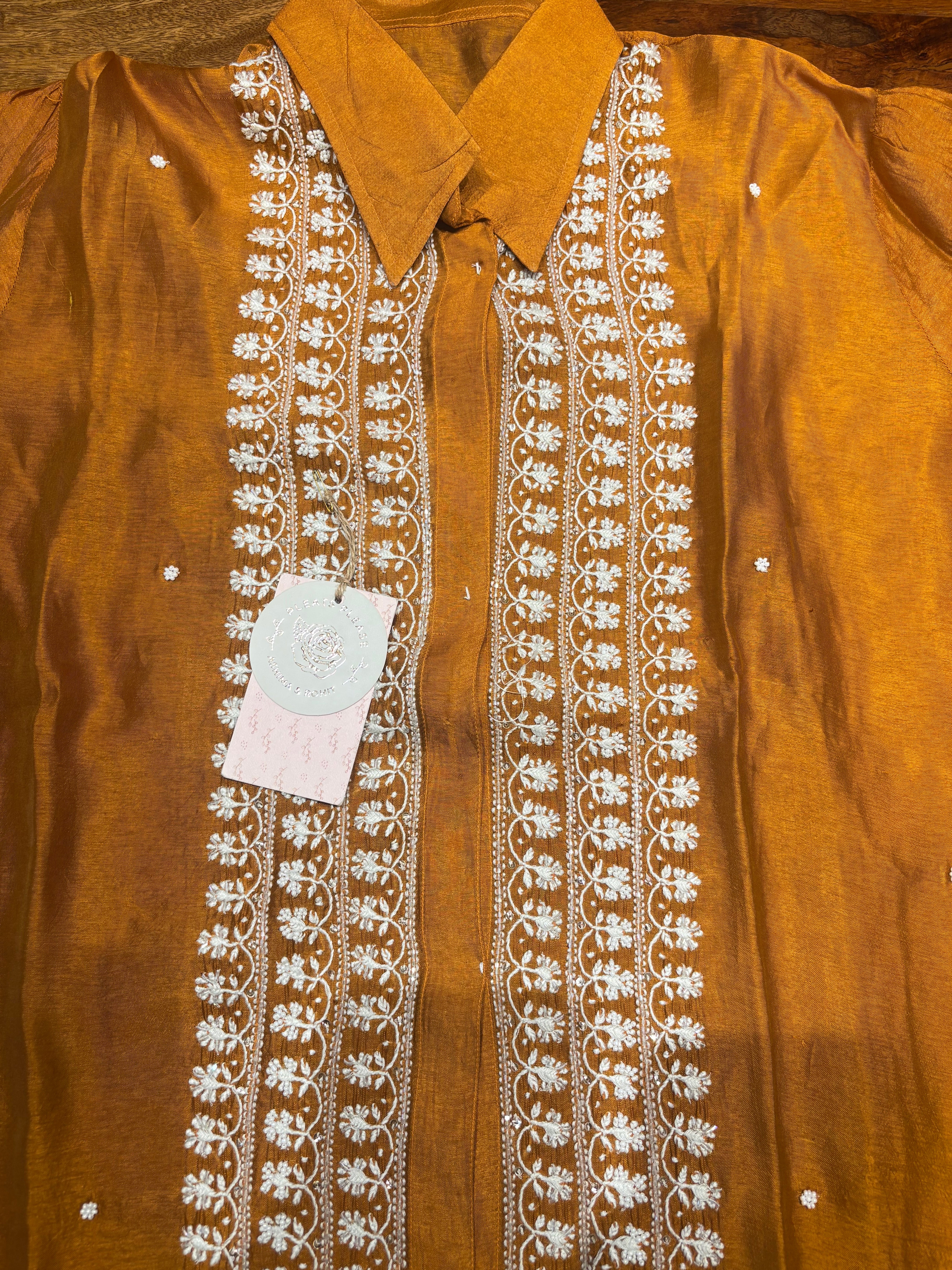Mustard Yellow Silk Chikankari Shirt