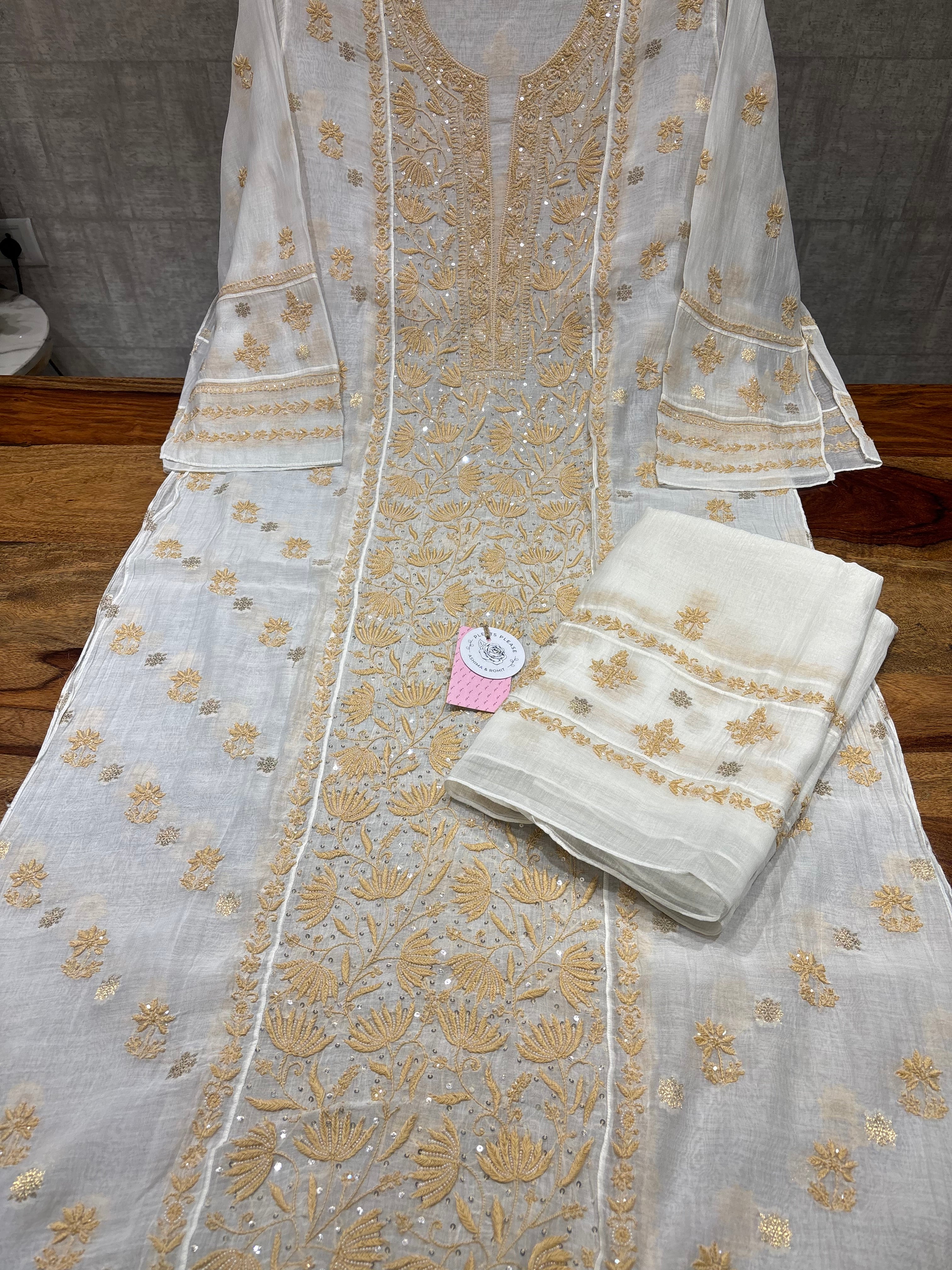 Dyeable Chanderi Mul Chikankari Kurta & Dupatta Set
