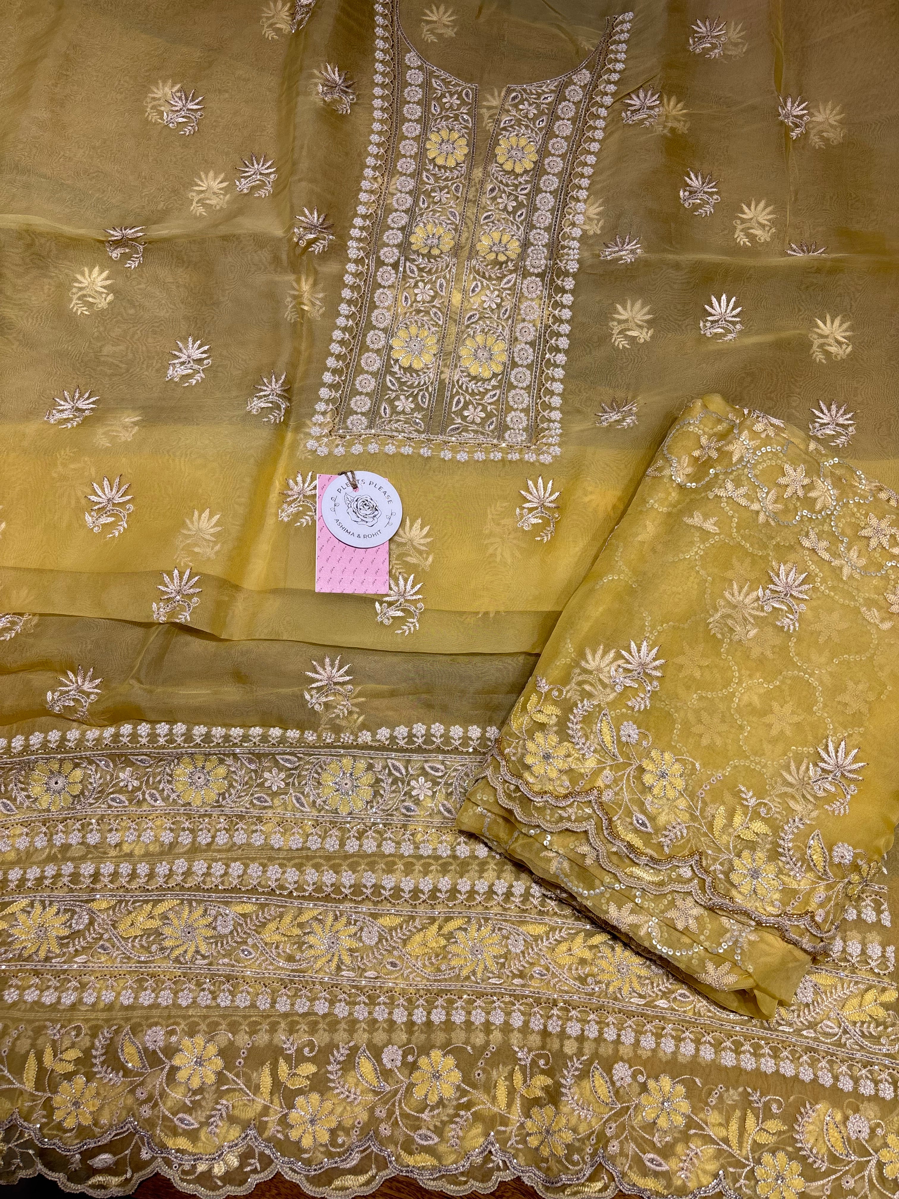 Yellow Pure & Premium Organza Silk Chikankari Kurta & Dupatta Fabric