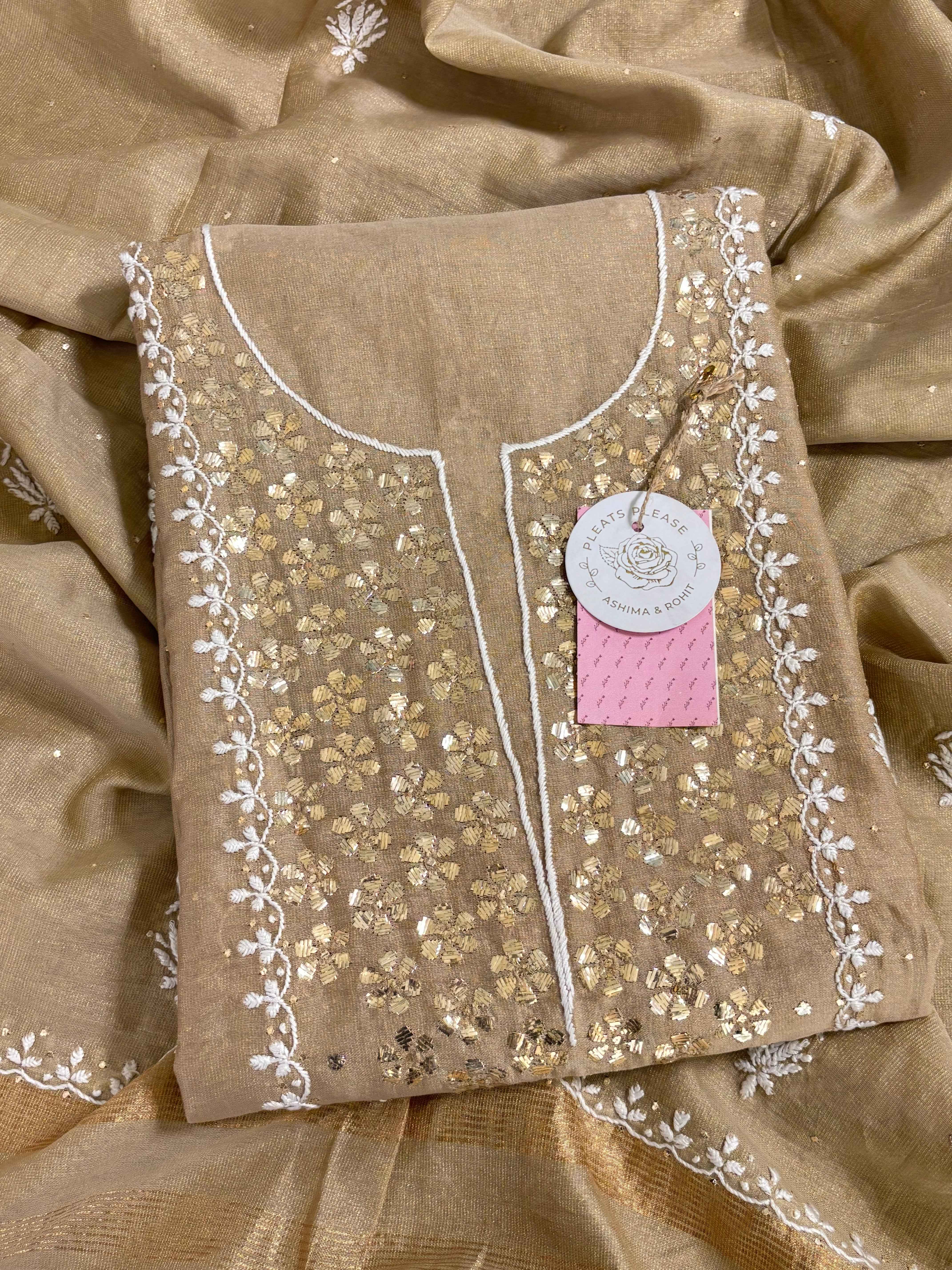 Brown Tissue Chikankari Mukaish Kurta Dupatta Set