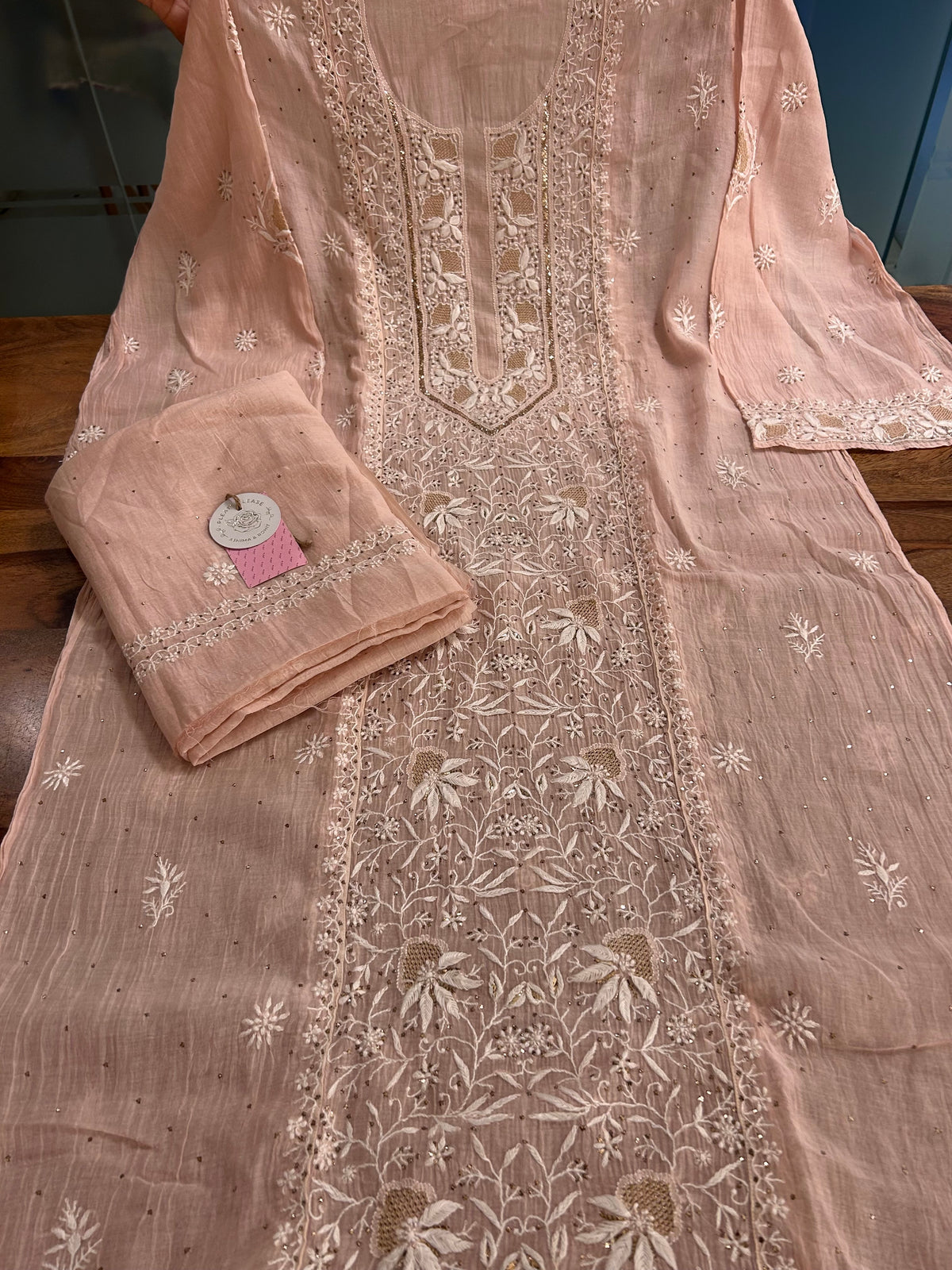 Pastel Peach Chanderi Mul Chikankari Mukaish Kurta & Dupatta