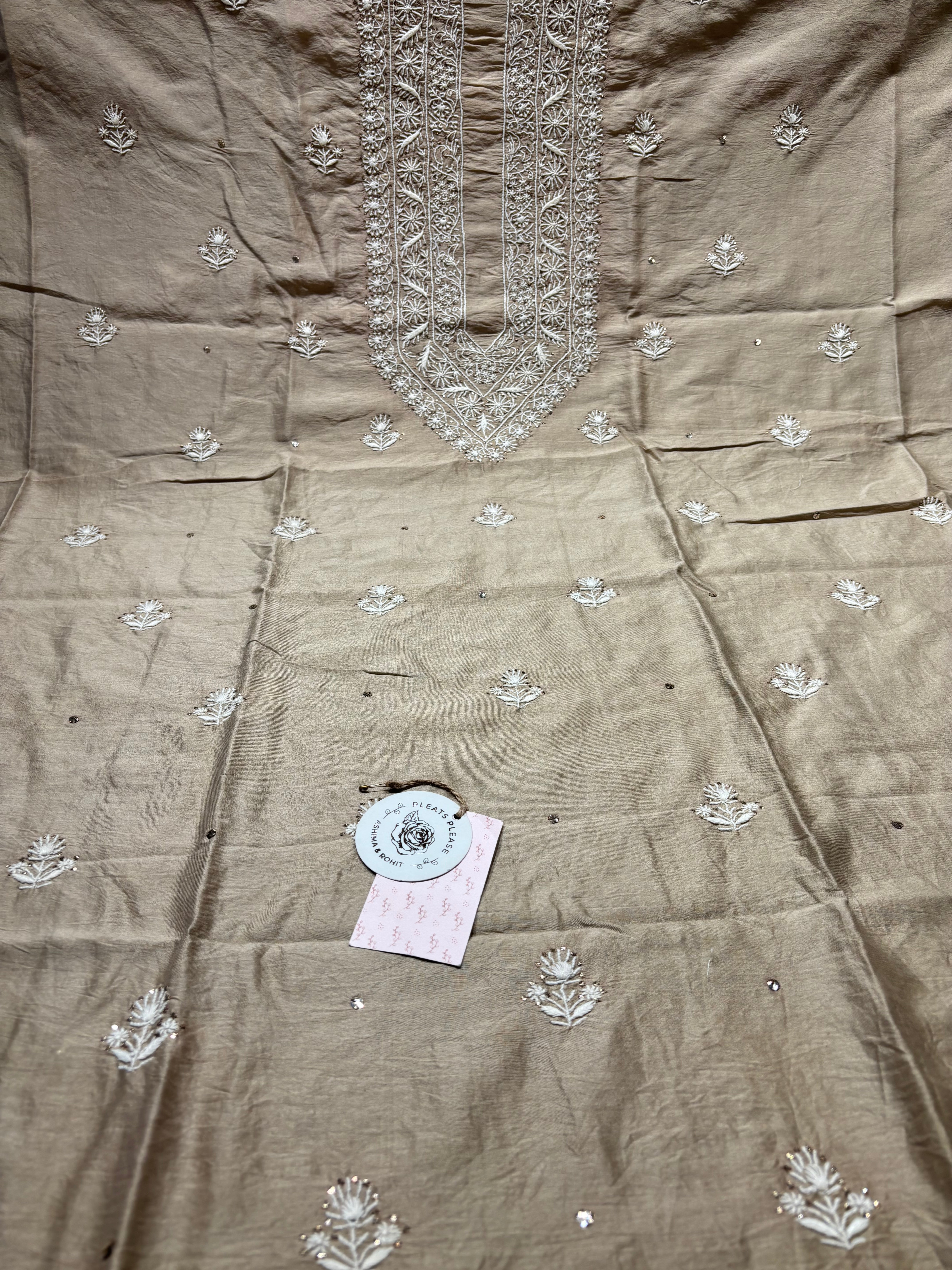 Beige Chanderi Silk Chikankari Mukaish Men’s Kurta Fabric