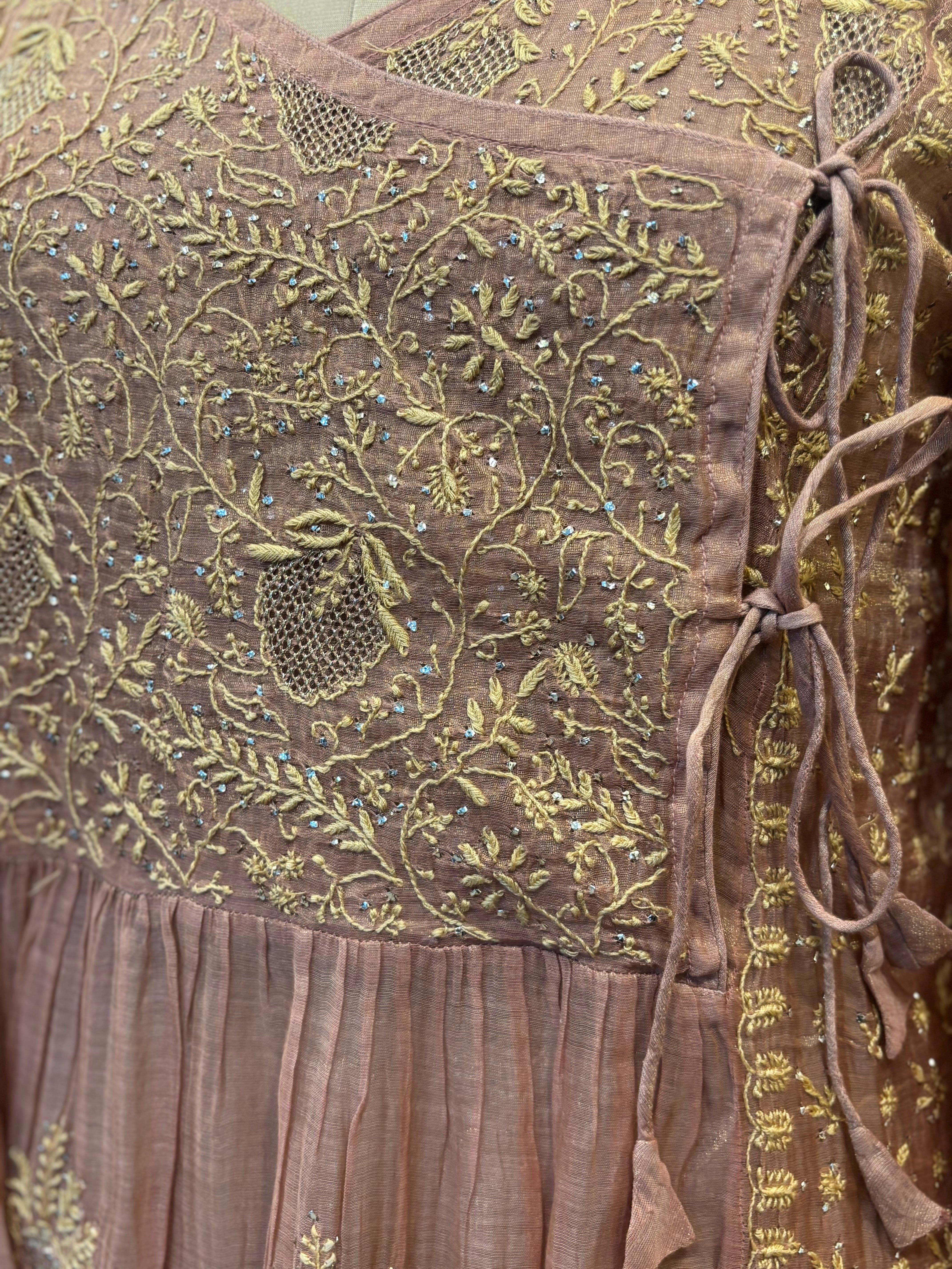 Rose Gold pure & Premium Tissue Chikankari & Mukaish Angrakha Kurta and Dupatta Set