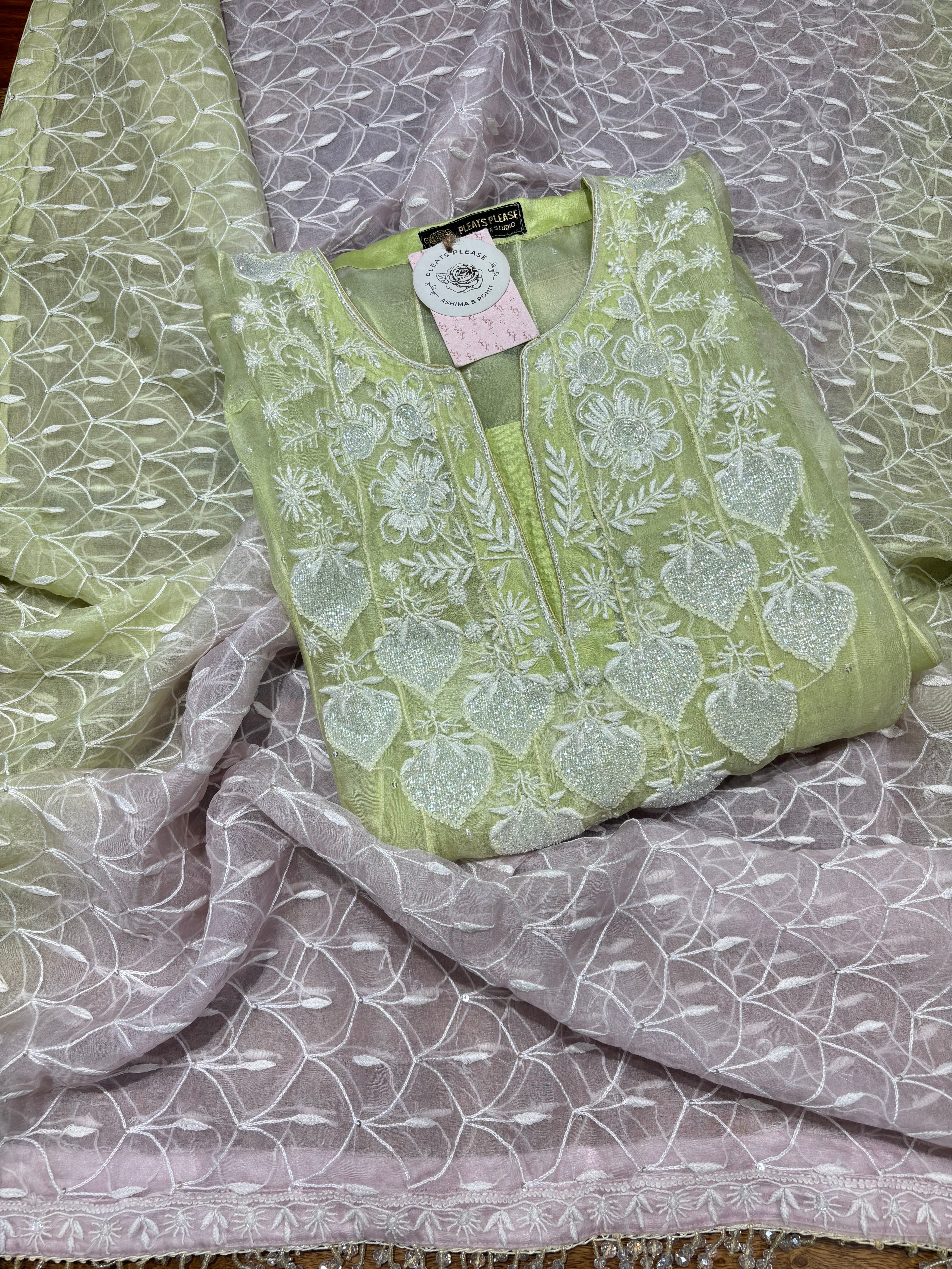 Green Organza Chikankari Anarkali & Dupatta Set