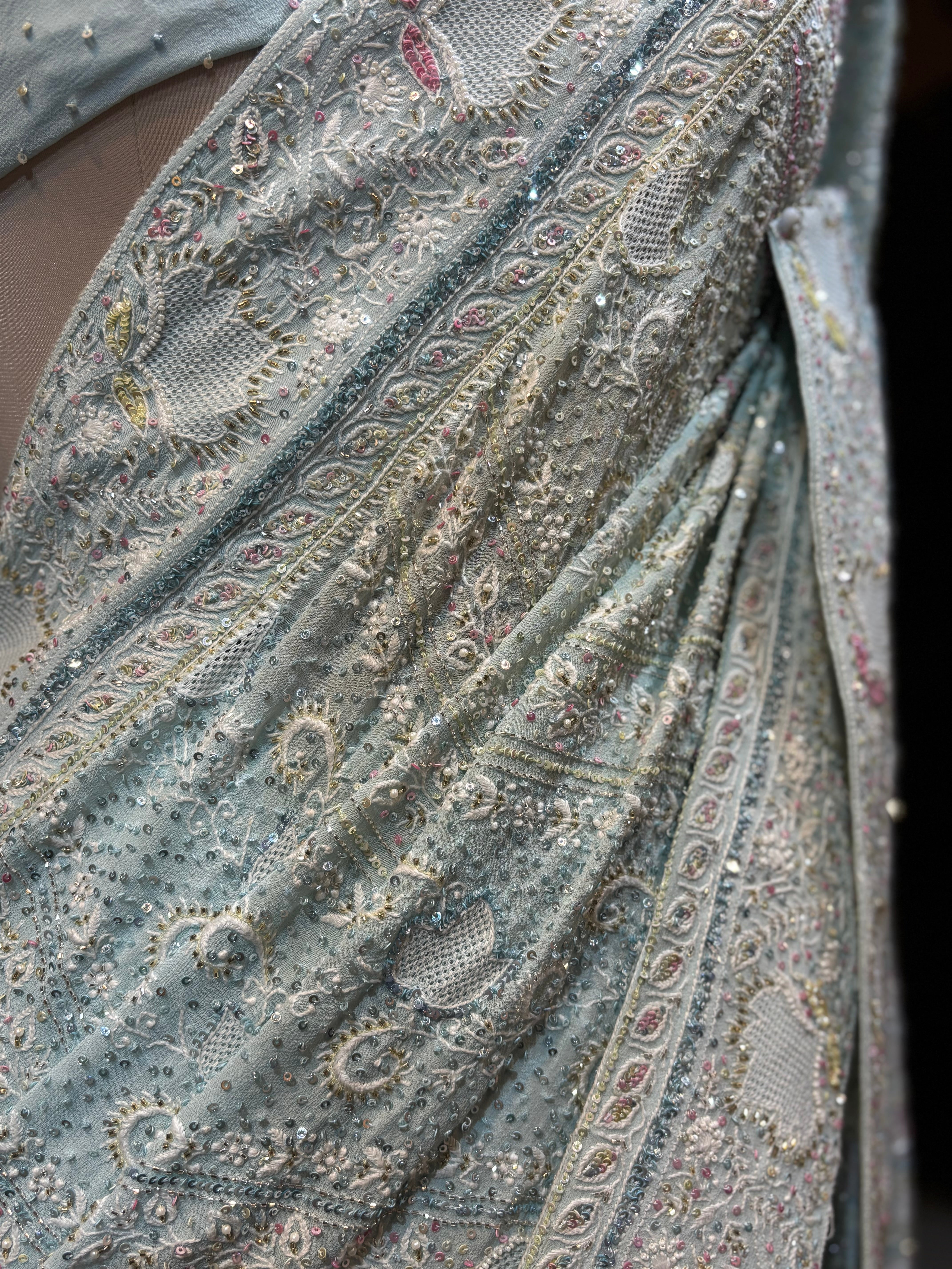 Aqua Blue Pure & Premium Georgette Chikankari Saree & Blouse - Pleats PleaseChikankari