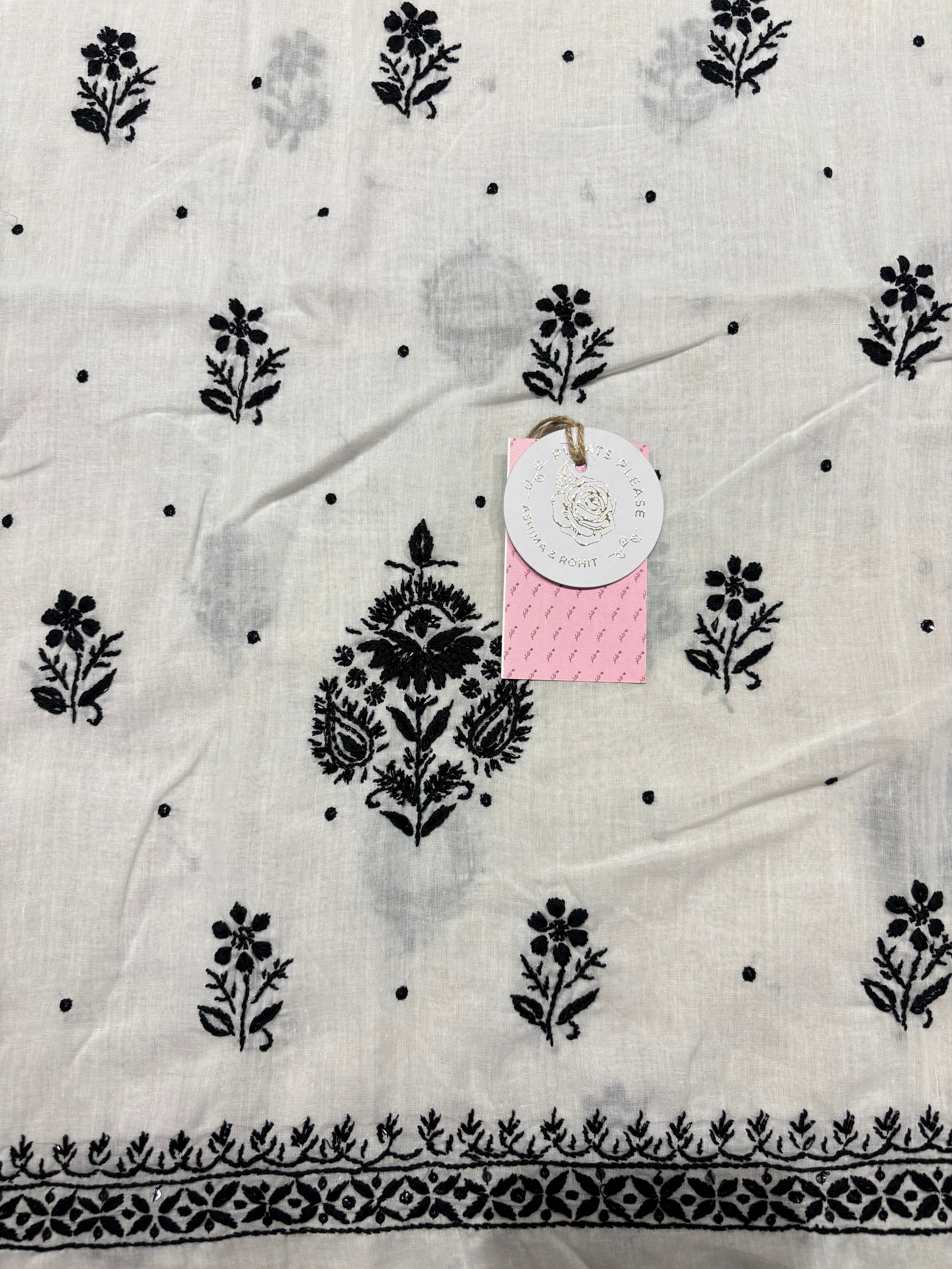 White & Black Chikankari MulMul Kurta Fabric