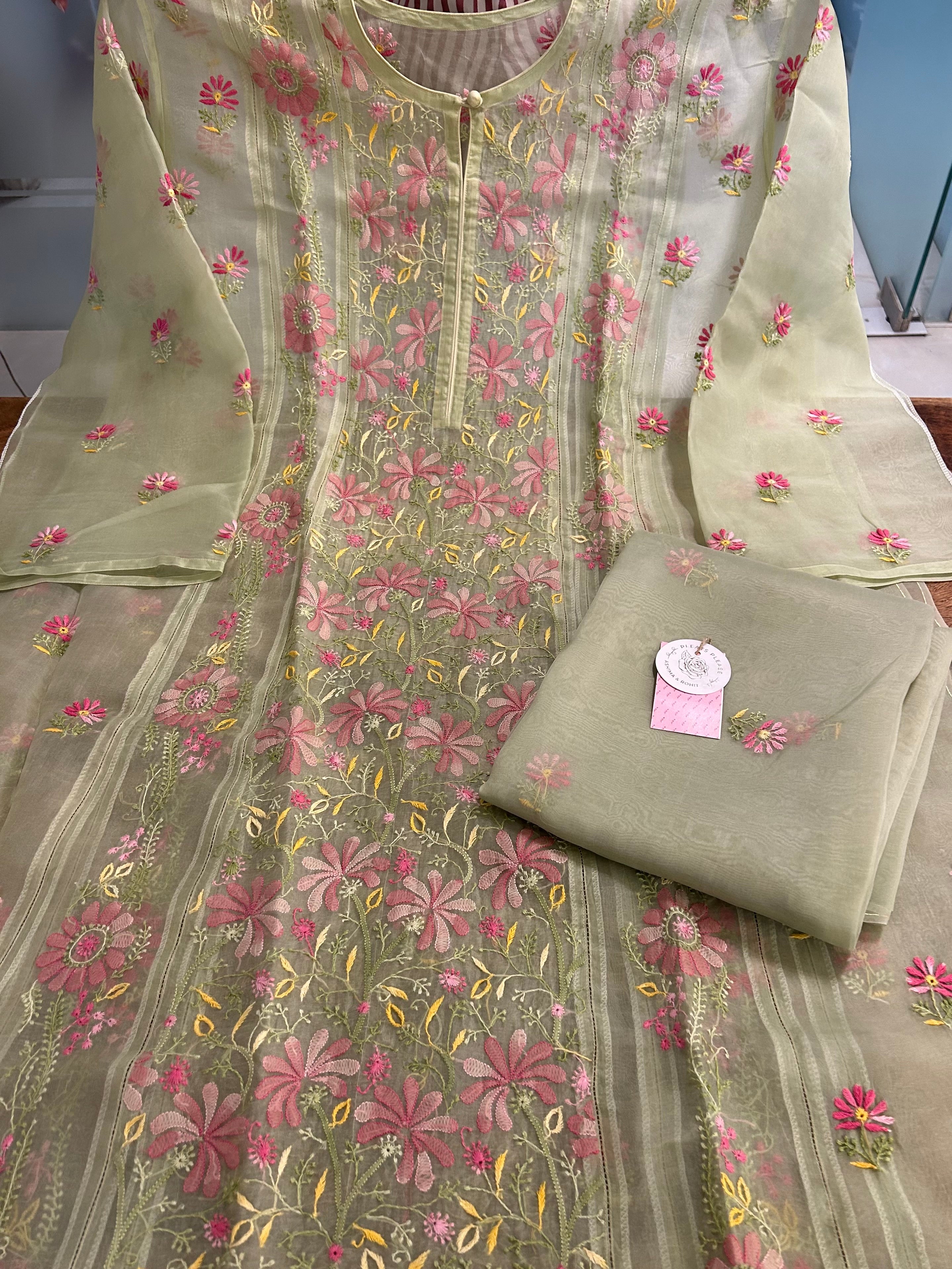 Sage Mist Pure Organza Chikankari Kurta & Dupatta