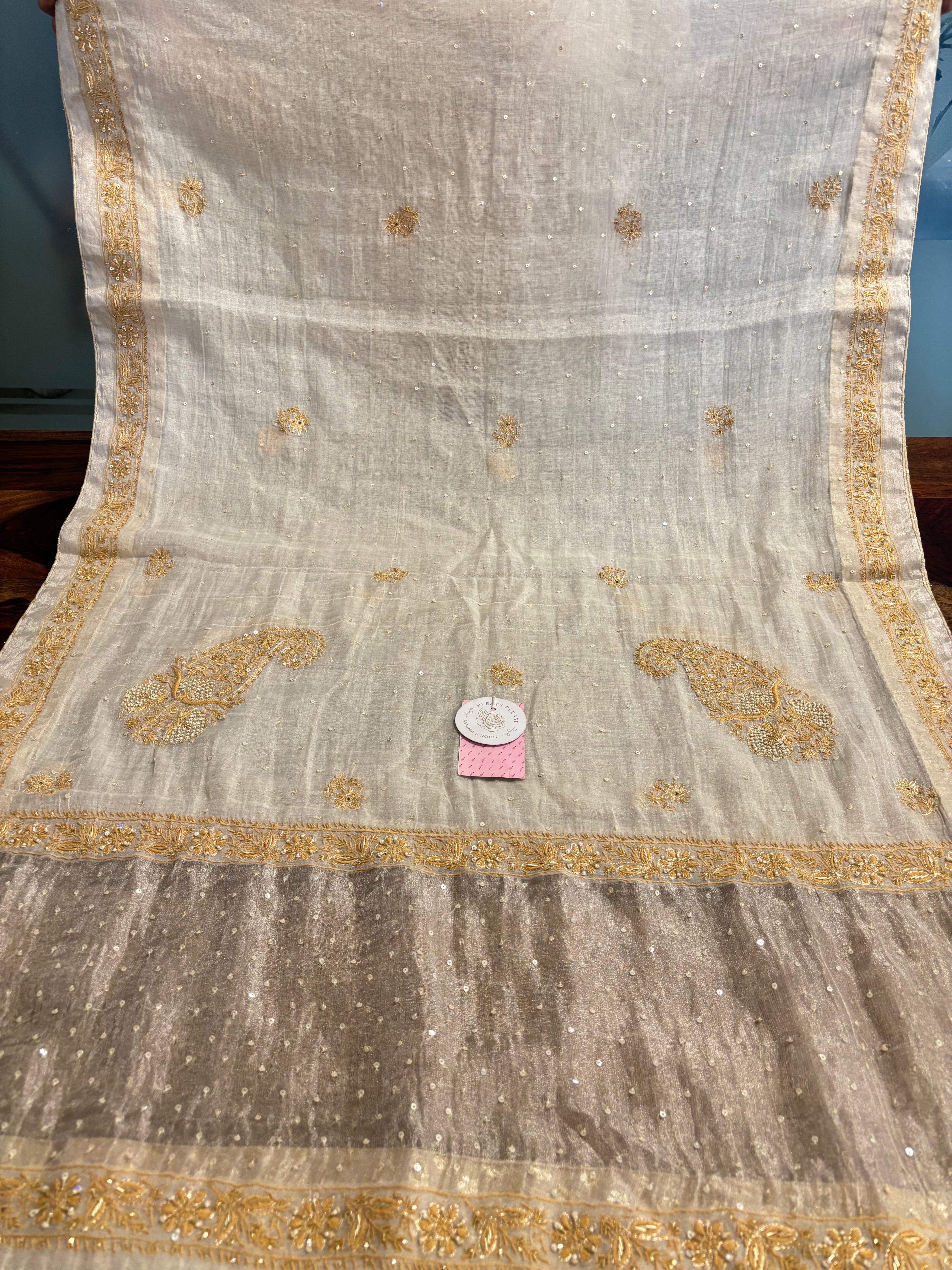 Dyeable Pure & Premium Silver Tissue Chikankari Anarkali & Dupatta Set - Pleats PleaseChikankari
