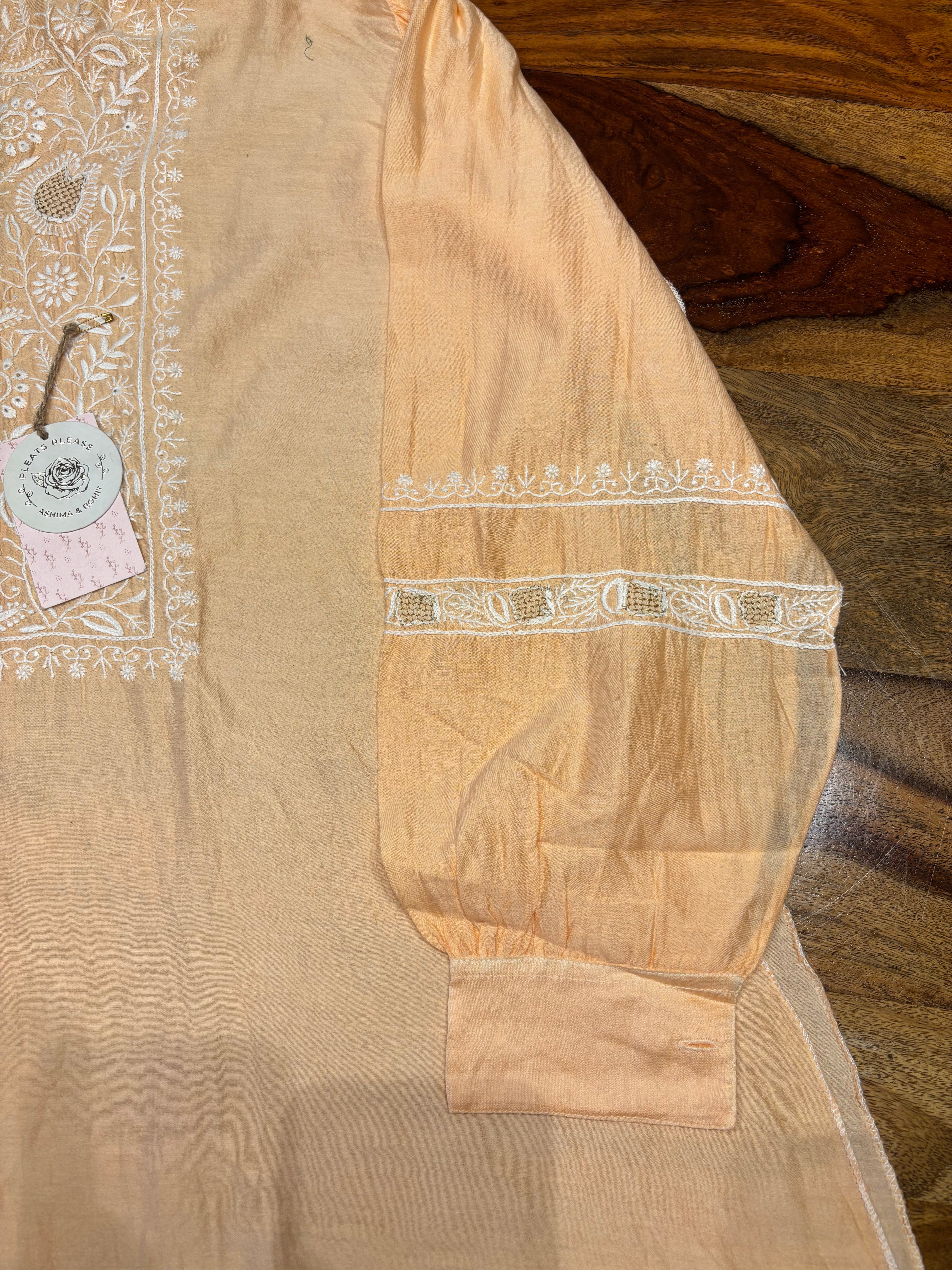 Peach Chanderi Silk Chikankari Shirt