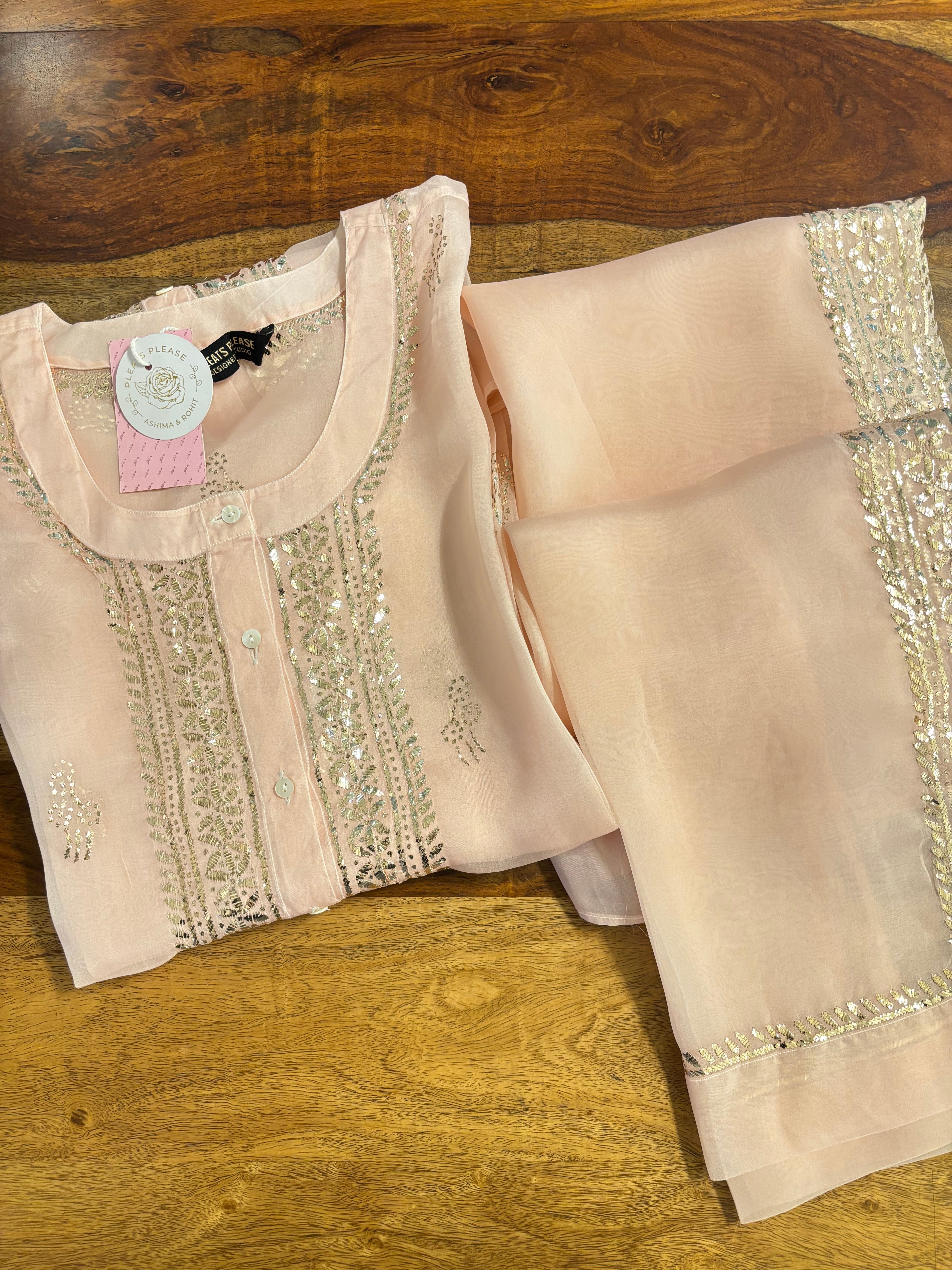 Pastel Pink Pure Organza Mukaish Co-Ord Set