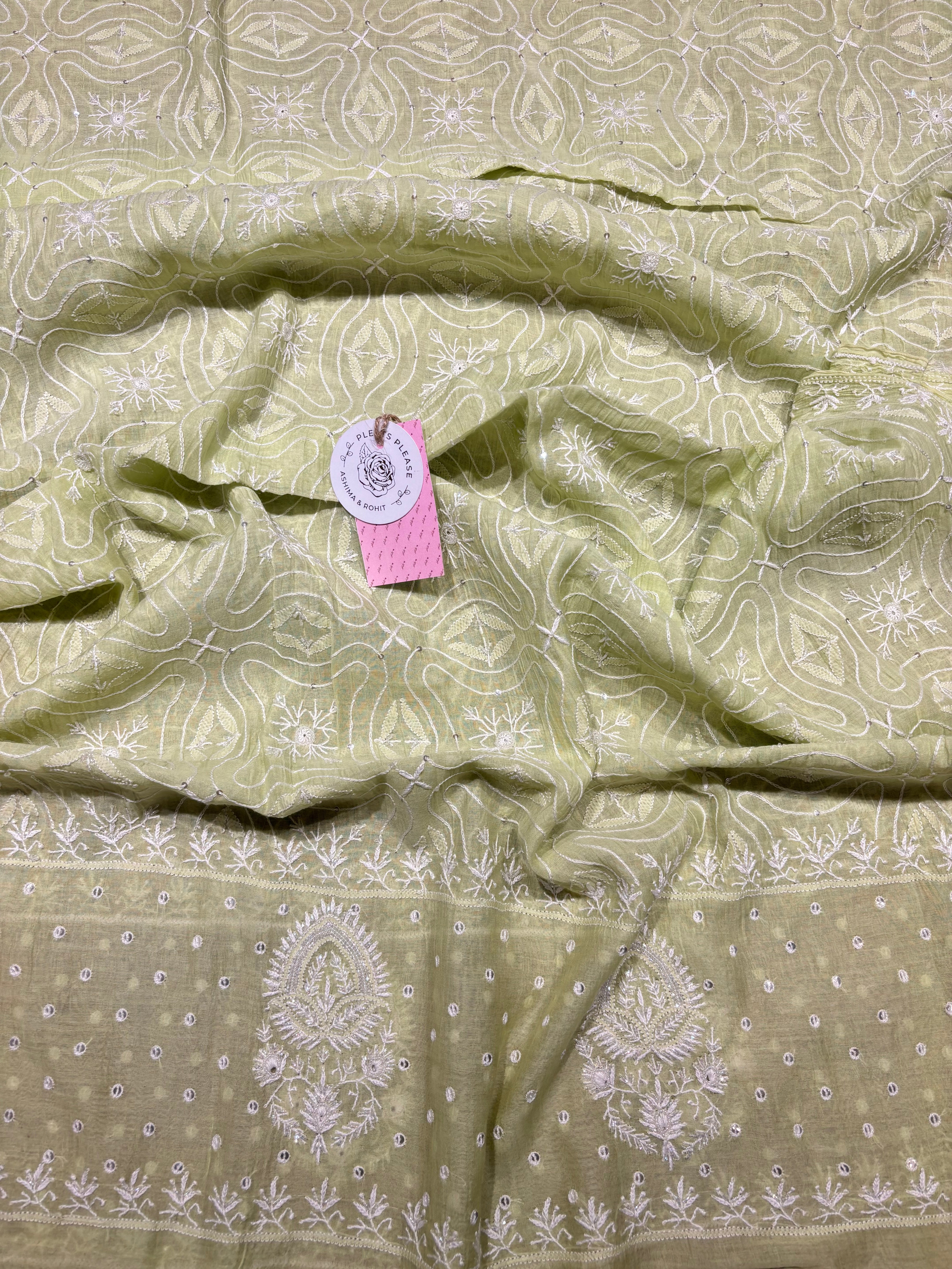 Green Chanderi mul Chikankari kurta and Dupatta set