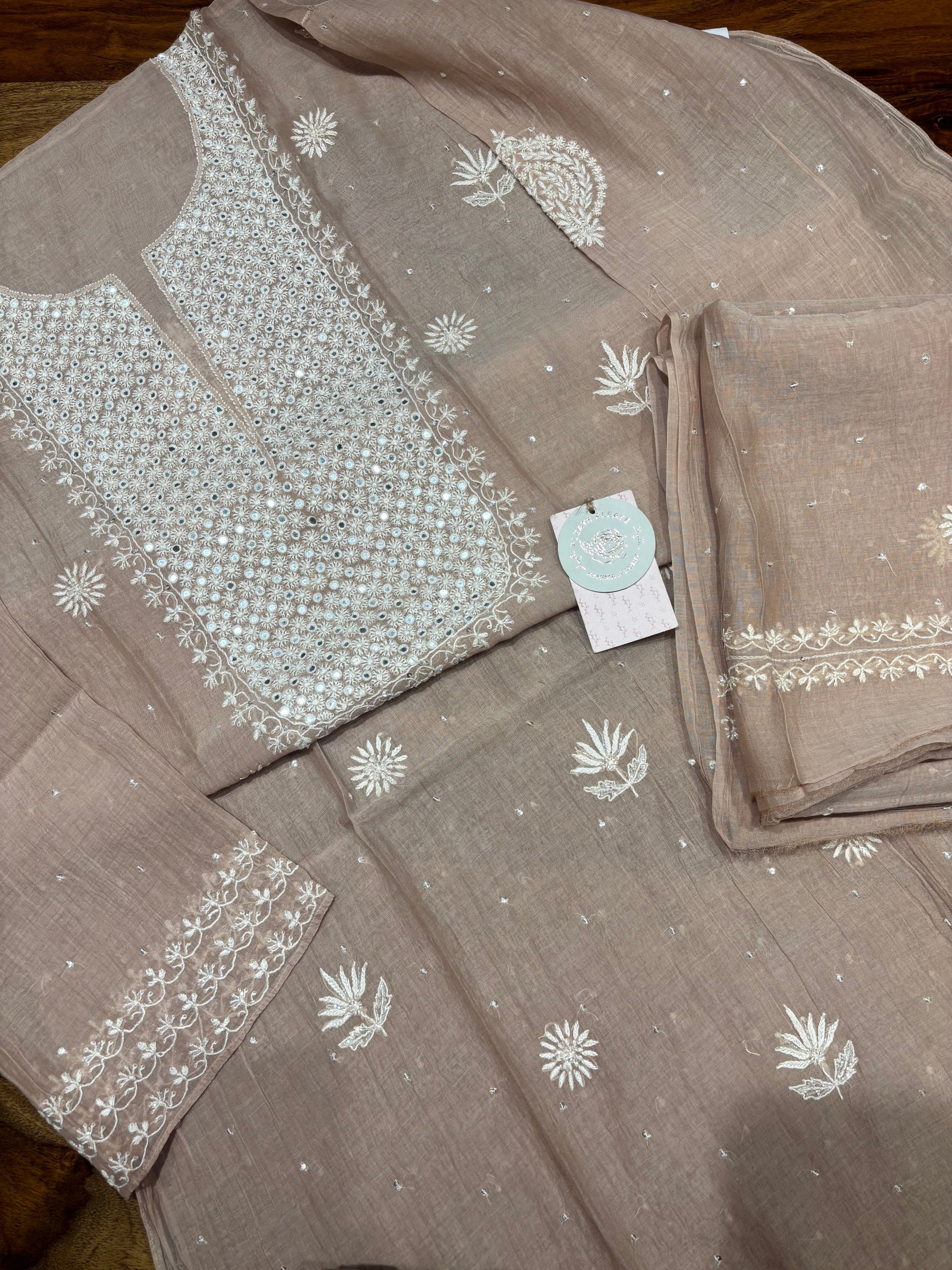 Dusty Peach Chanderi Mul Chikankari Kurta & Dupatta Set