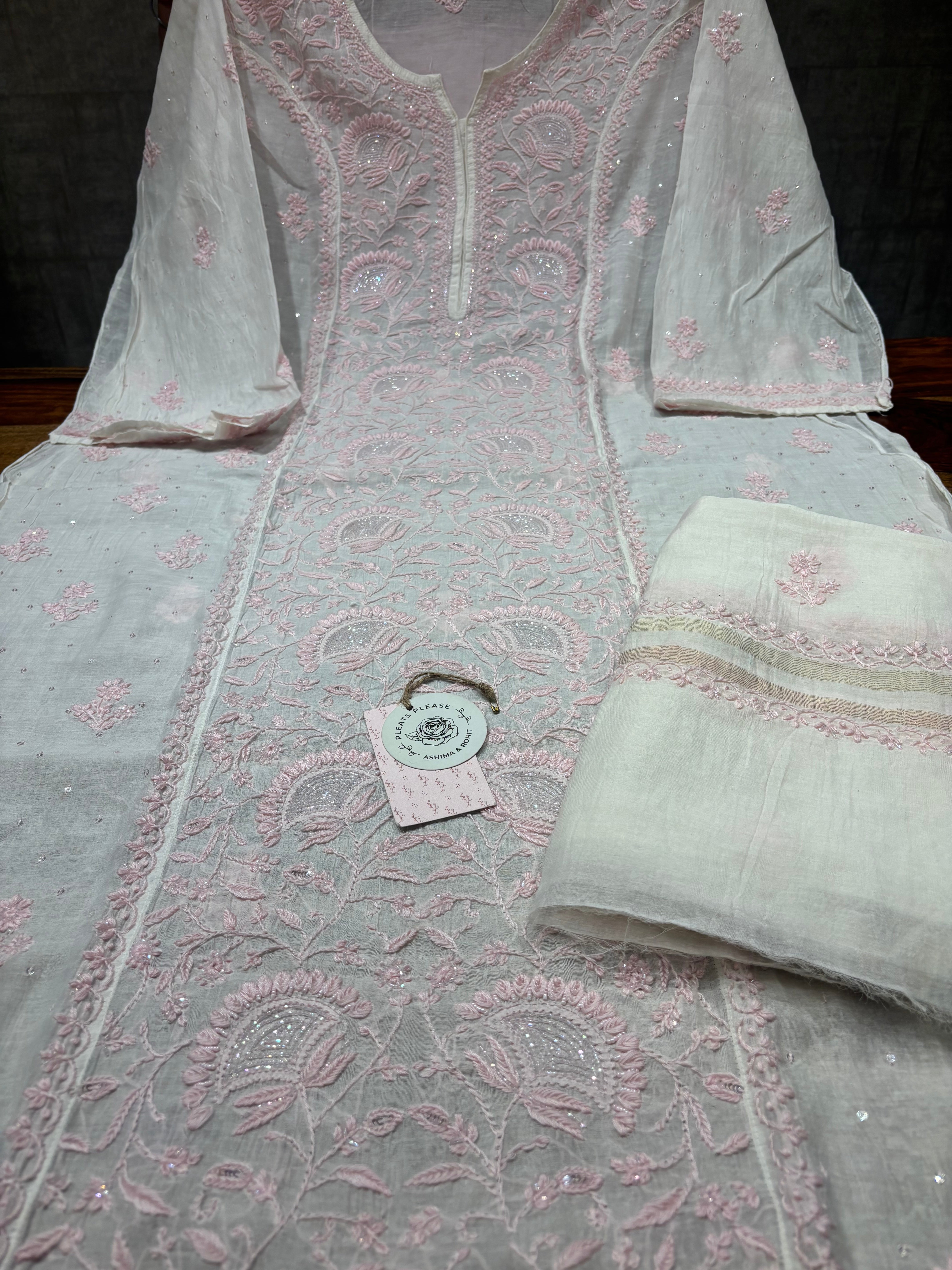 Dyeable Chanderi Mul Chikankari Kurta and Dupatta set