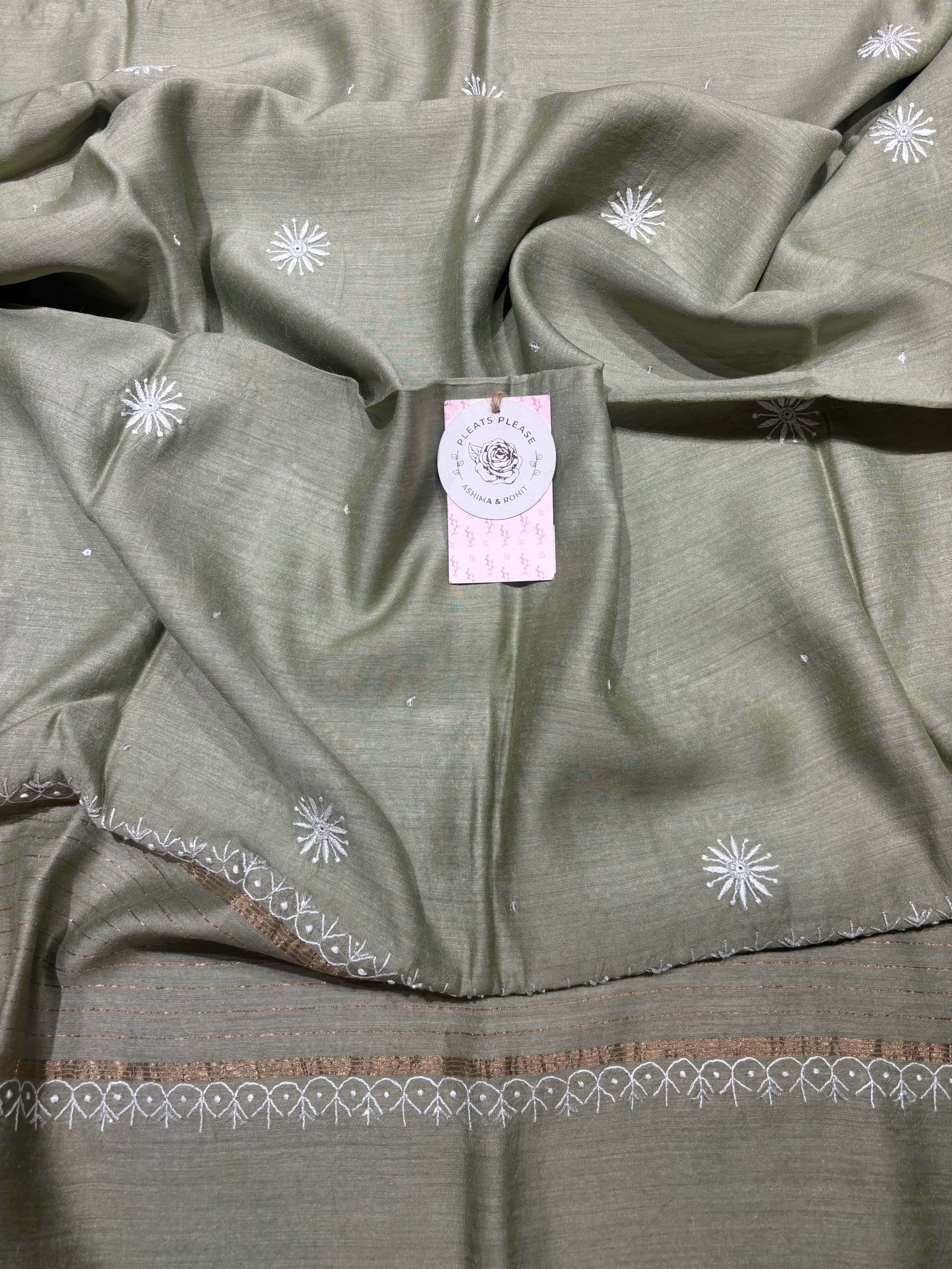 Mossy Green Pure and Premium Monga Silk Chikankari Kurta and Dupatta Set