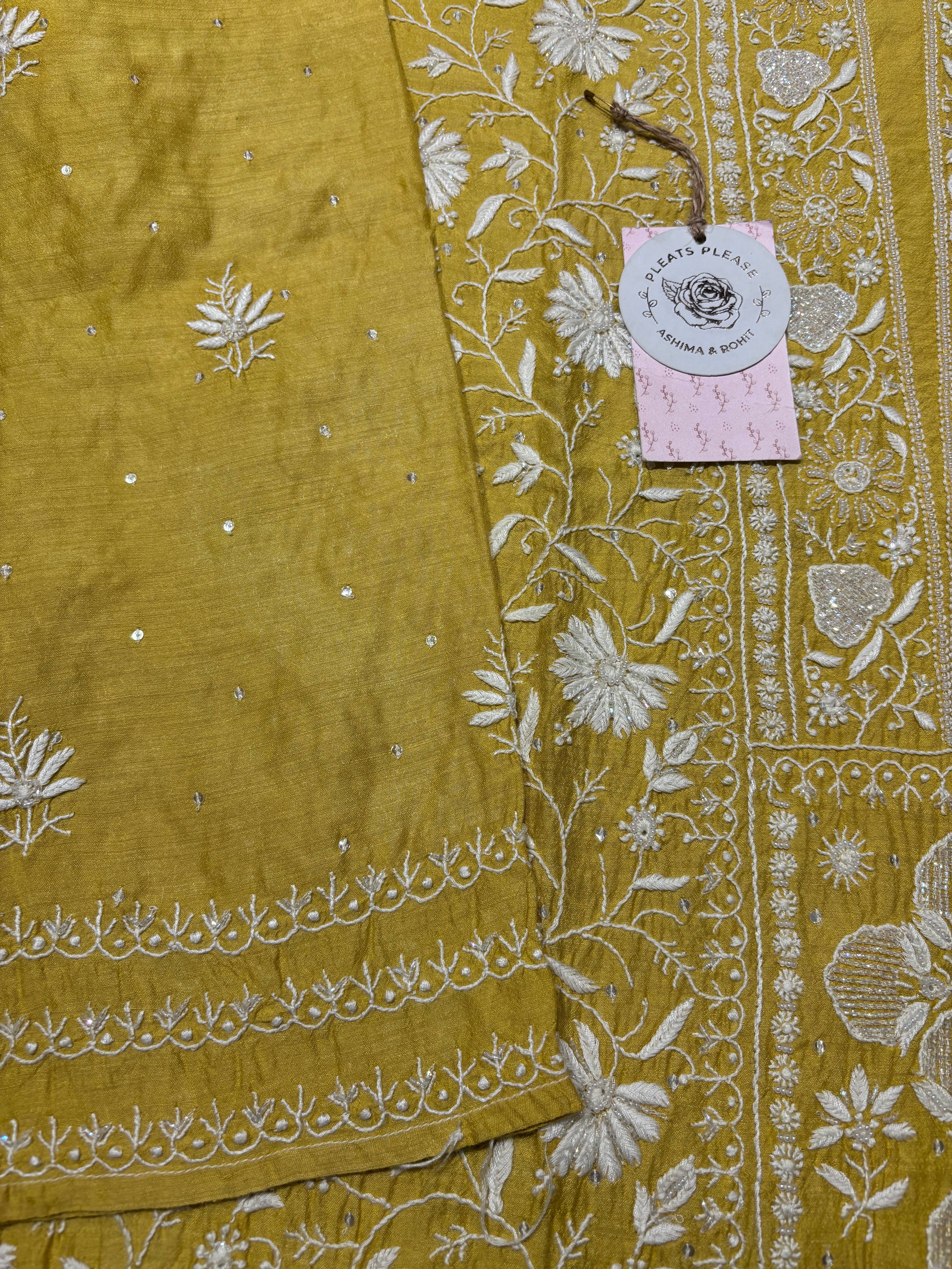 Yellow Monga Silk Chikankari Kurta and Dupatta set
