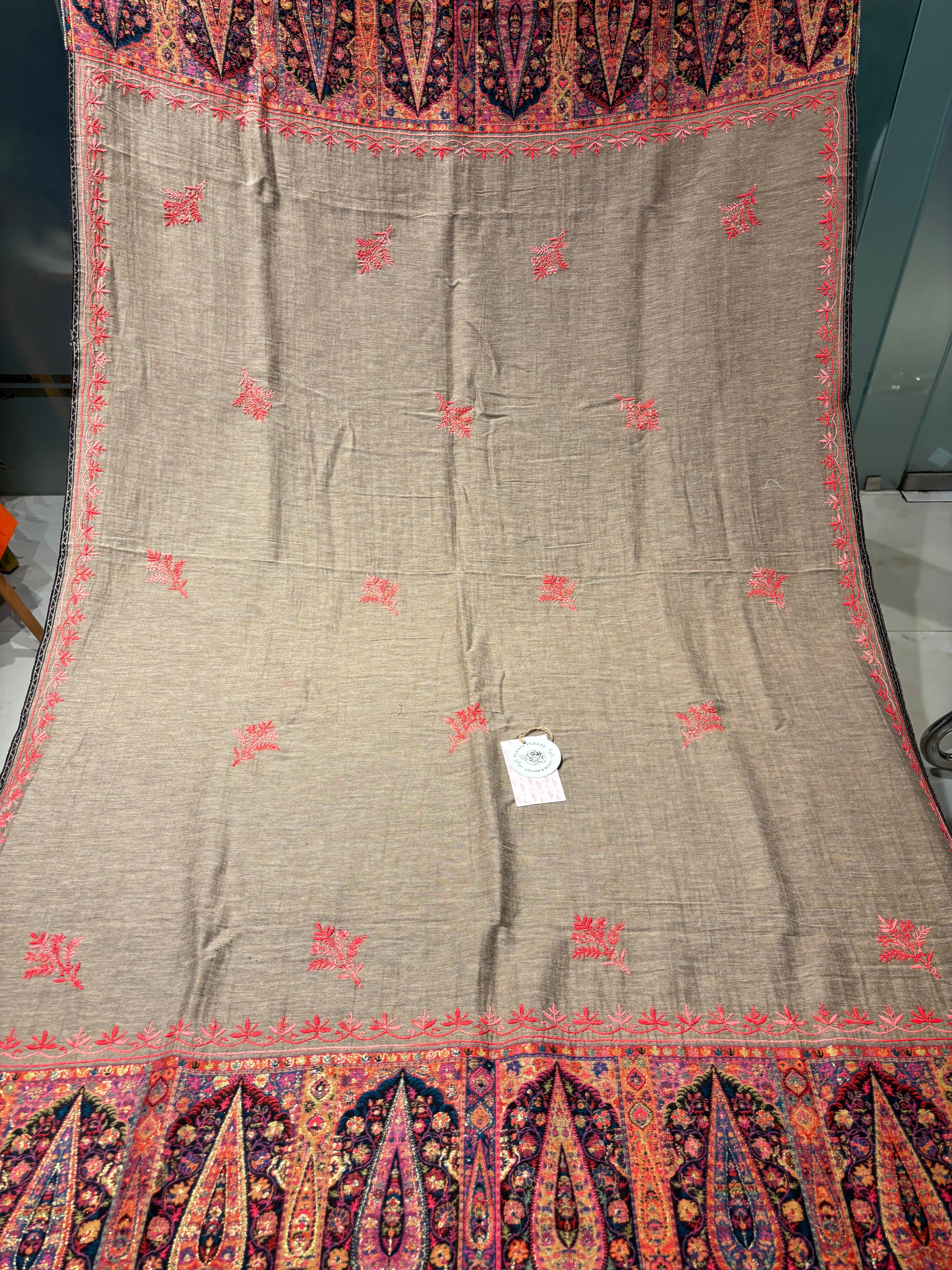 Light Grey Woollen Cashmere Chikankari Shawl