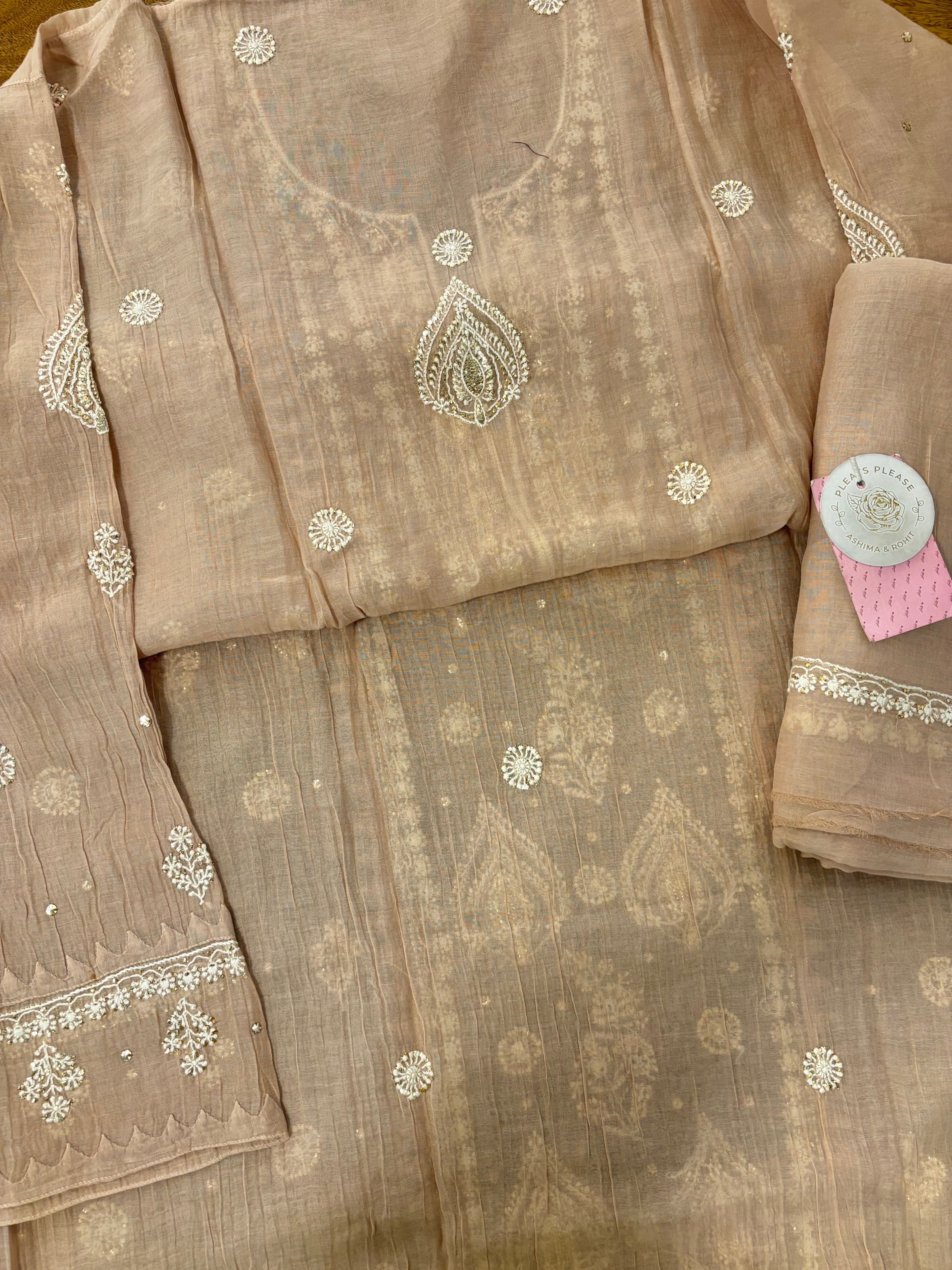 Rosewood Taupe Chanderi Mukaish Chikankari Kurta & Dupatta - Pleats PleaseChikankari