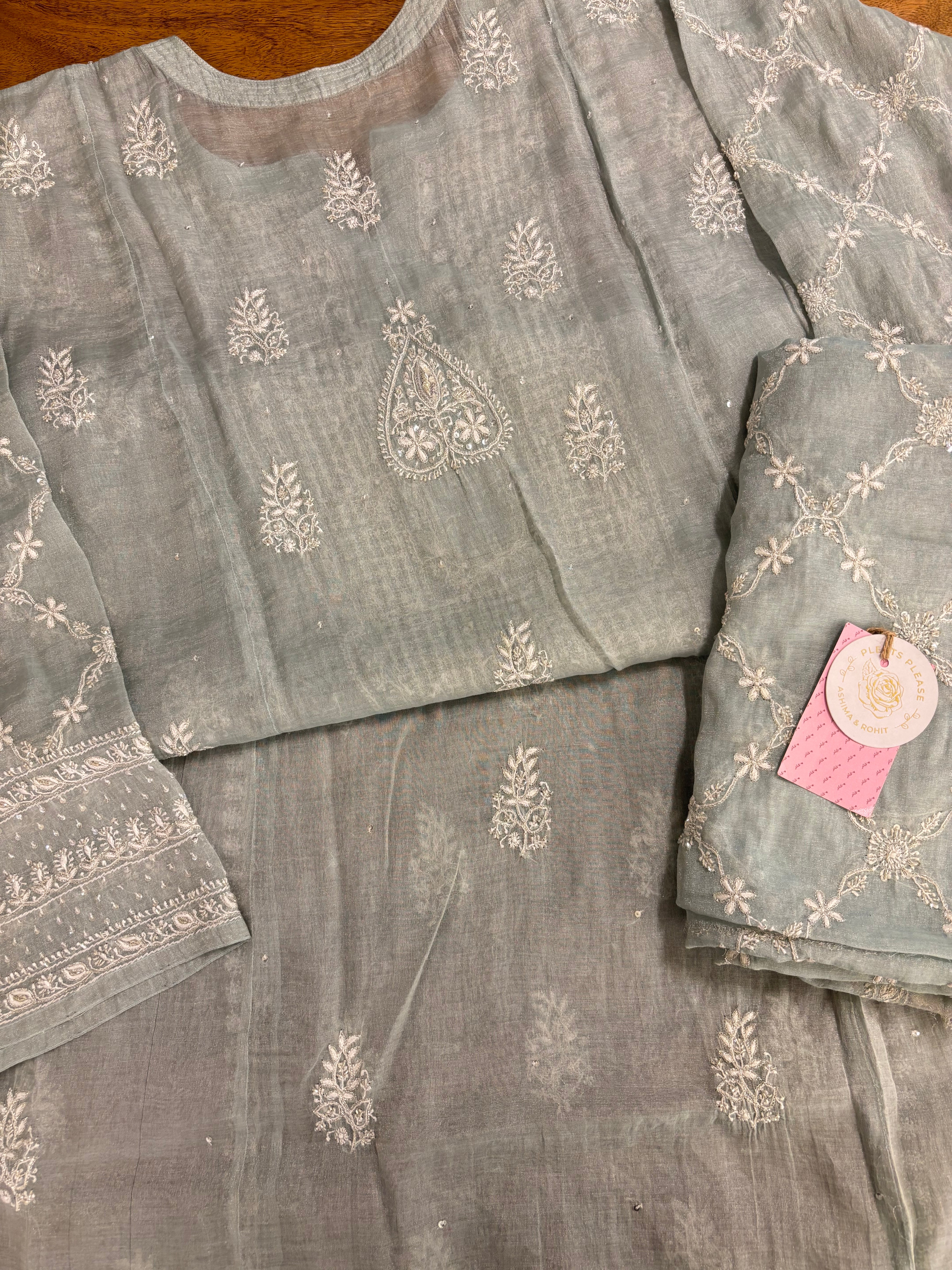 Pastel Sage Green Pure & Premium Tissue Chikankari Kurta & Dupatta
