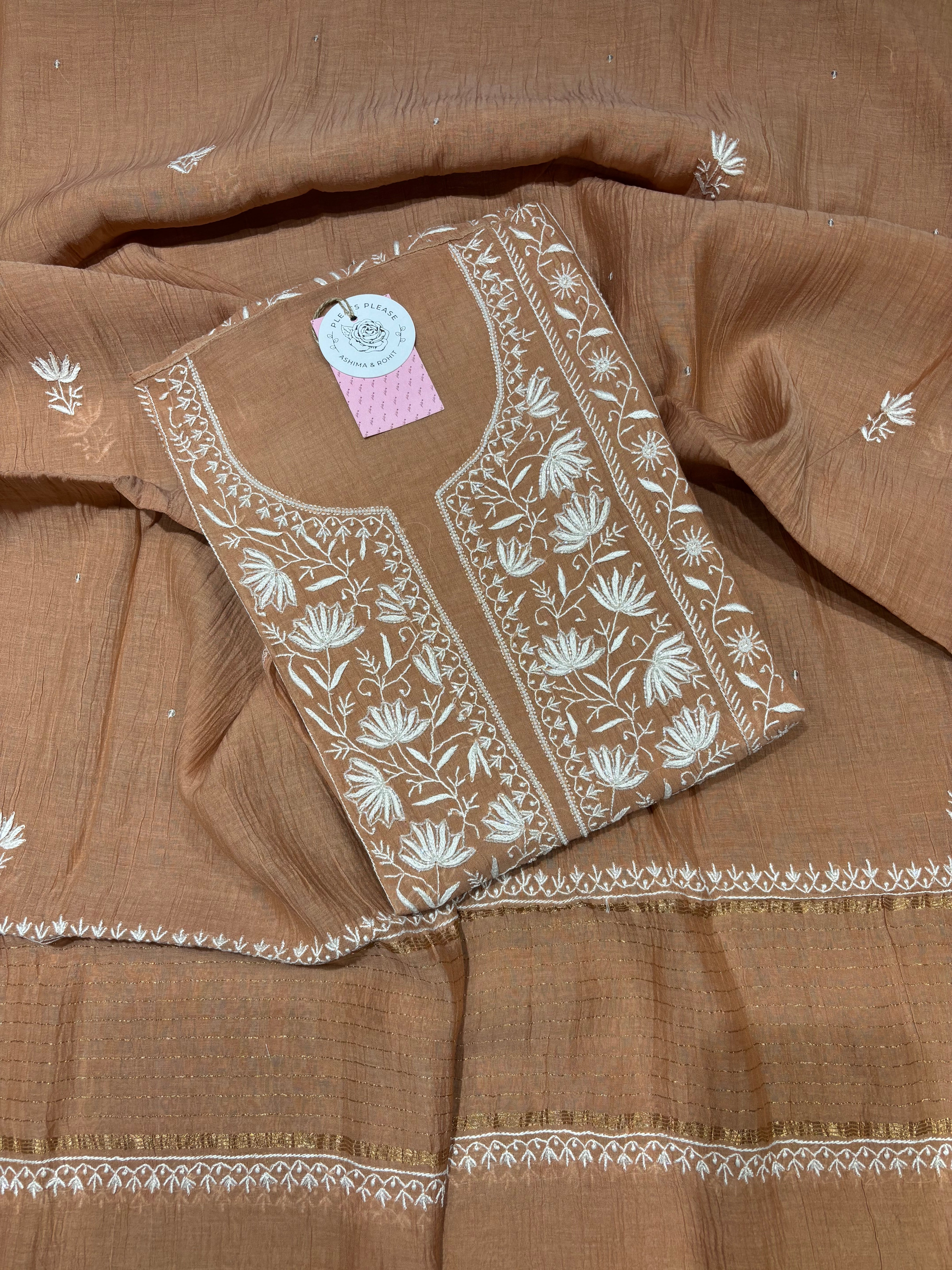 Rosegold Chanderi Mul Chikankari Kurta & Dupatta Set