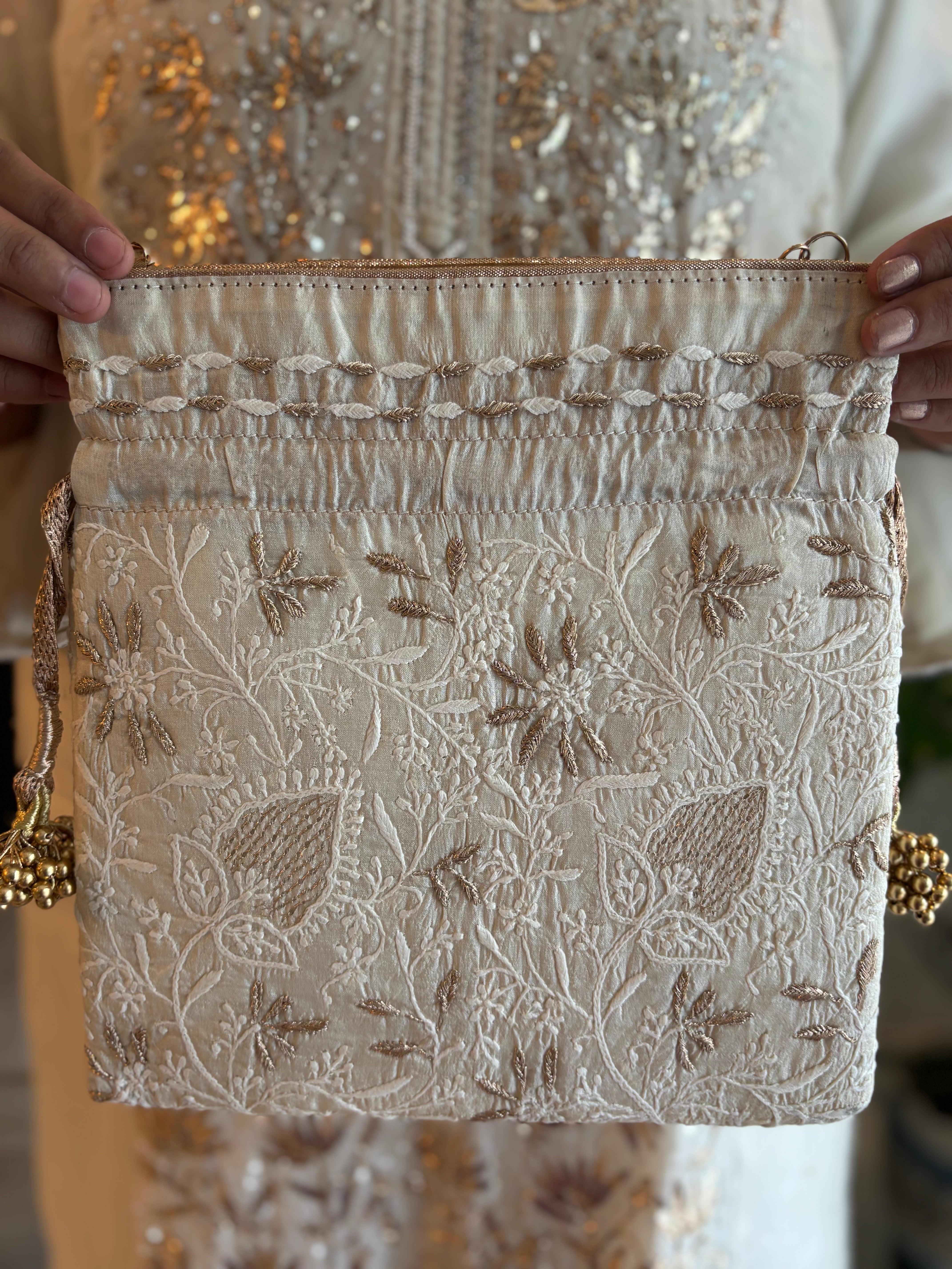 Ivory Silk Chikankari Potli