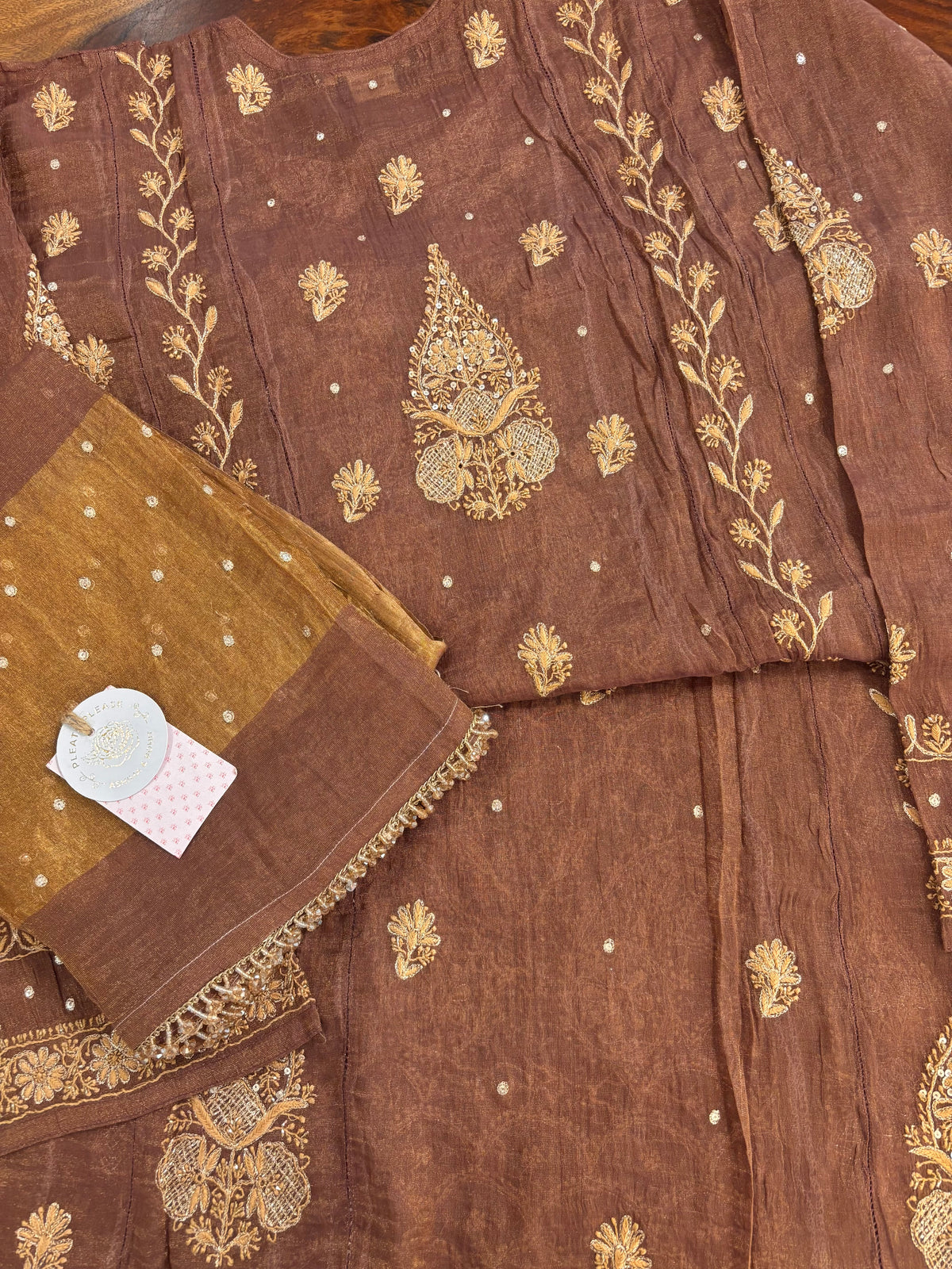 Walnut Brown Pure & Premium Tissue Chikankari Kurta & Dupatta