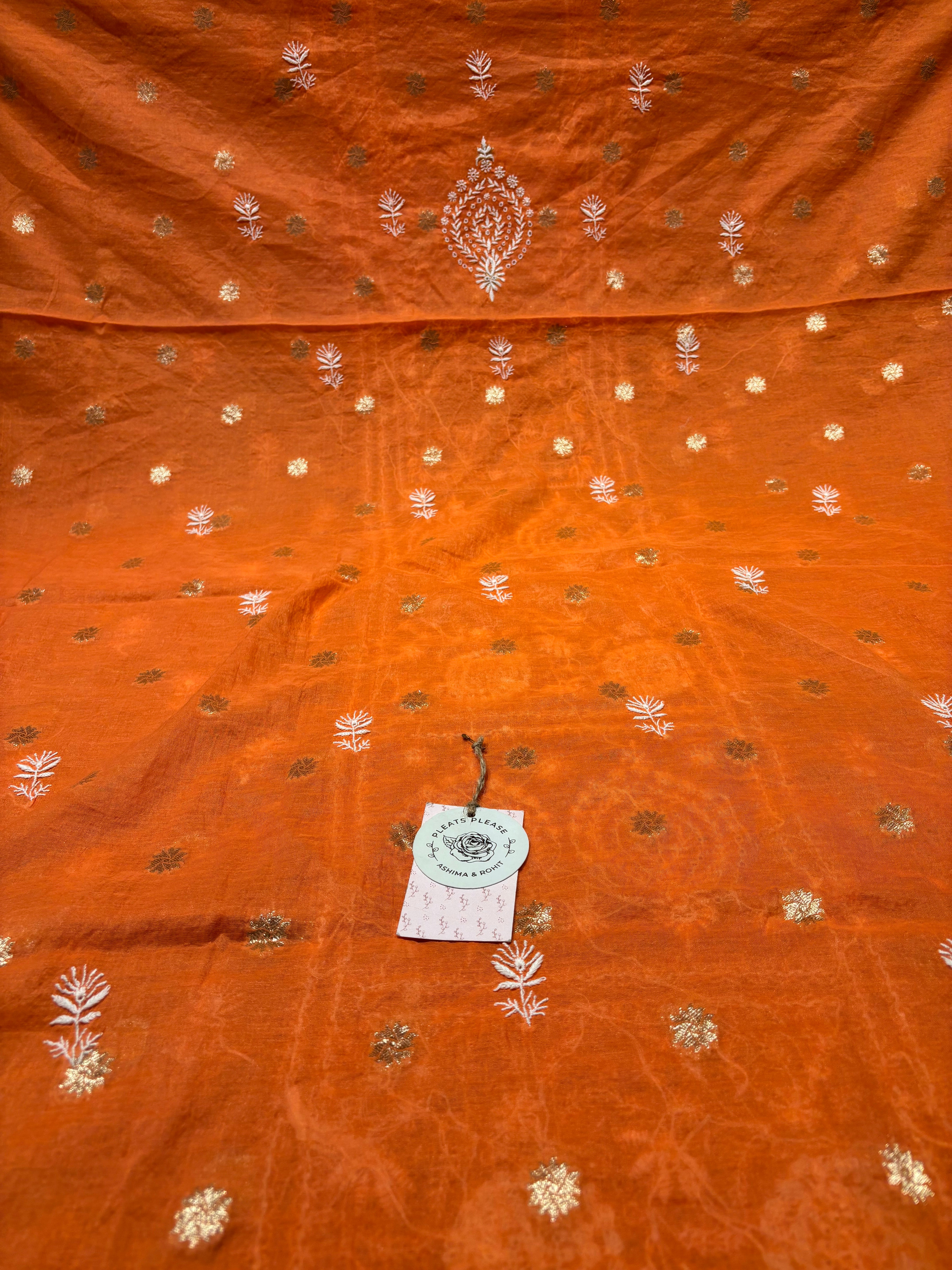 Burnt Orange Chanderi Silk Chikankari Kurta And Dupatta Fabric