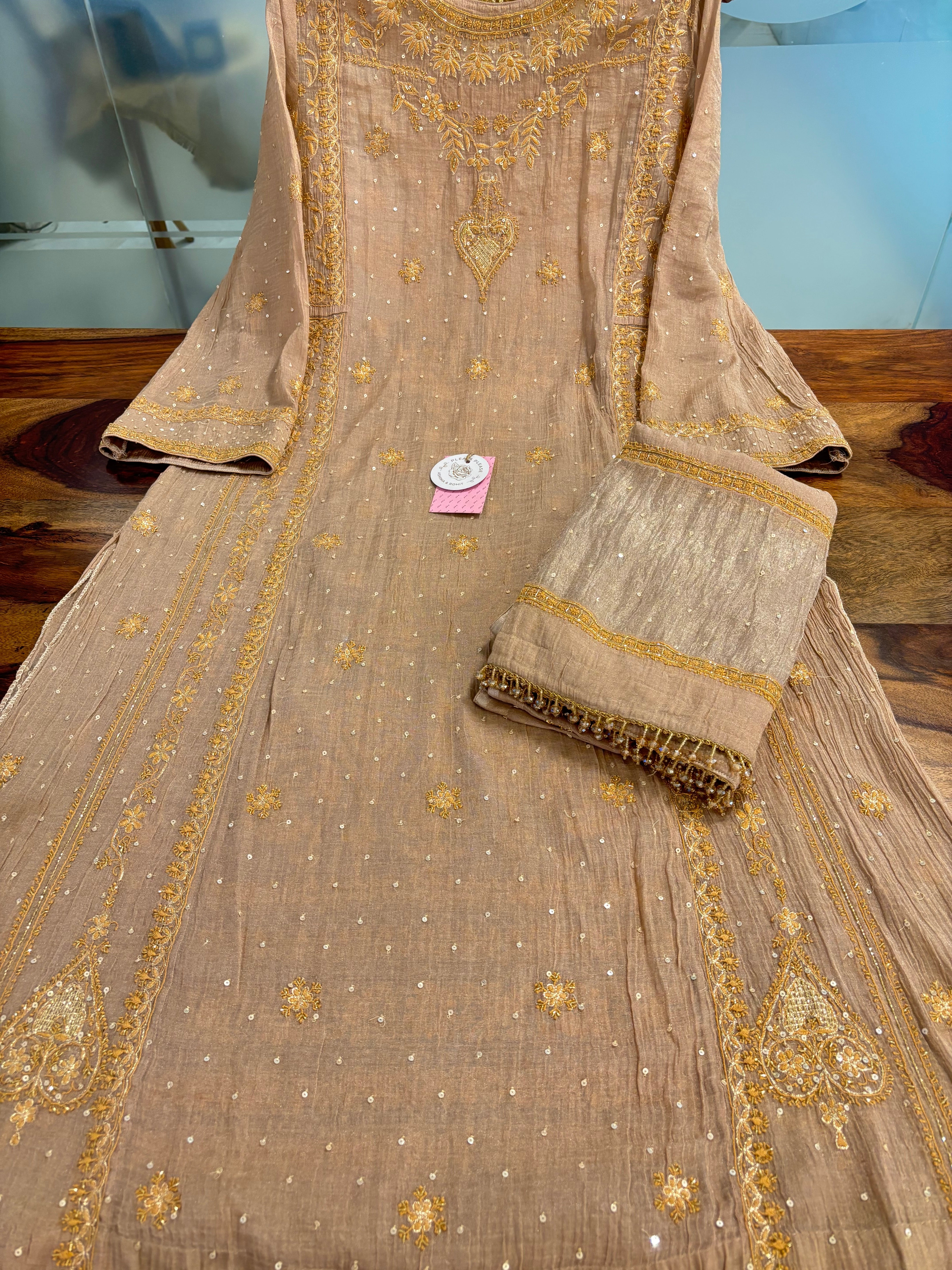 Rosewood Taupe Pure & Premium Tissue Chikankari A line Anarkali & Dupatta