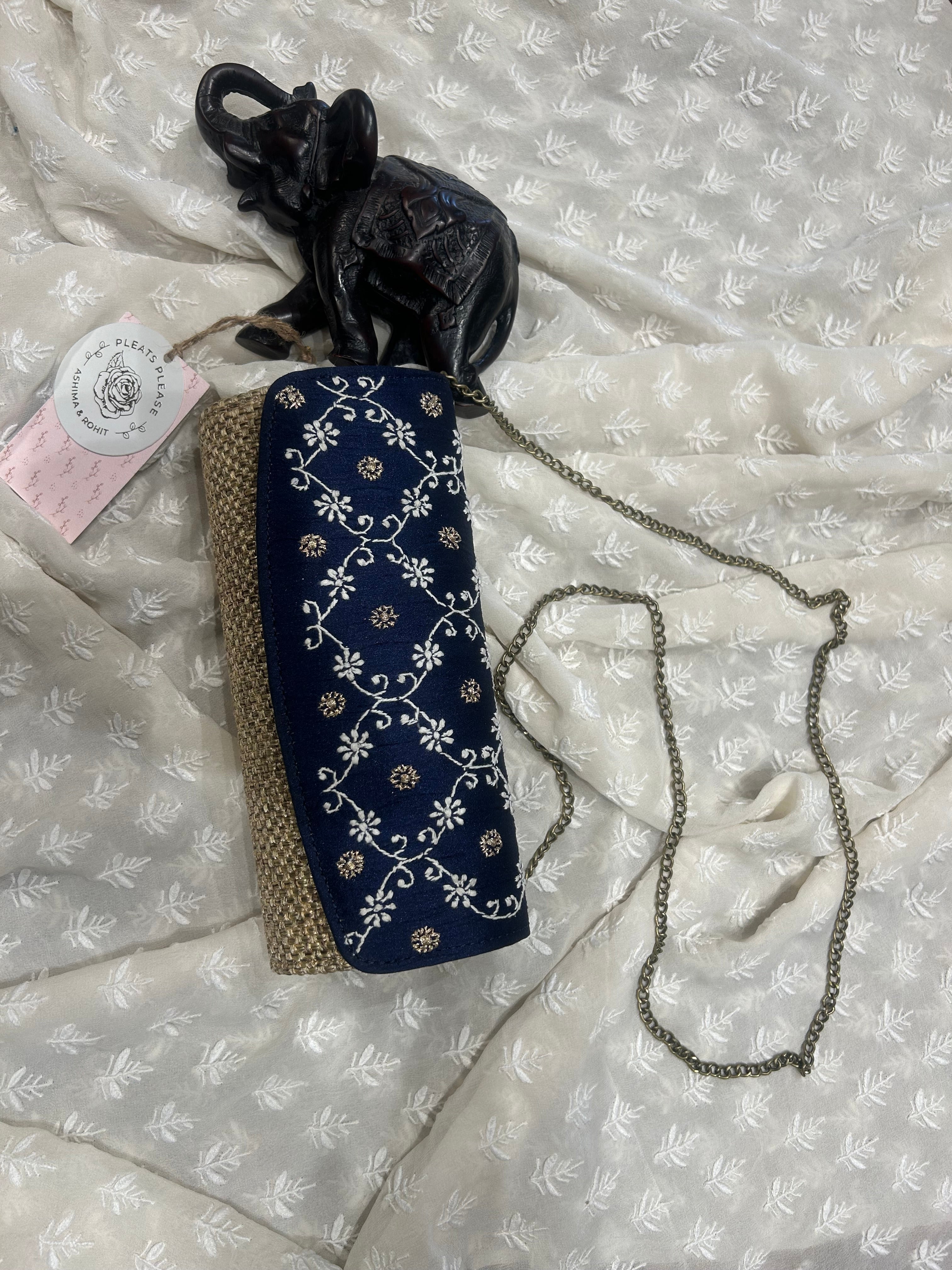 Navy Blue Silk Chikankari Clutch Jute Bag