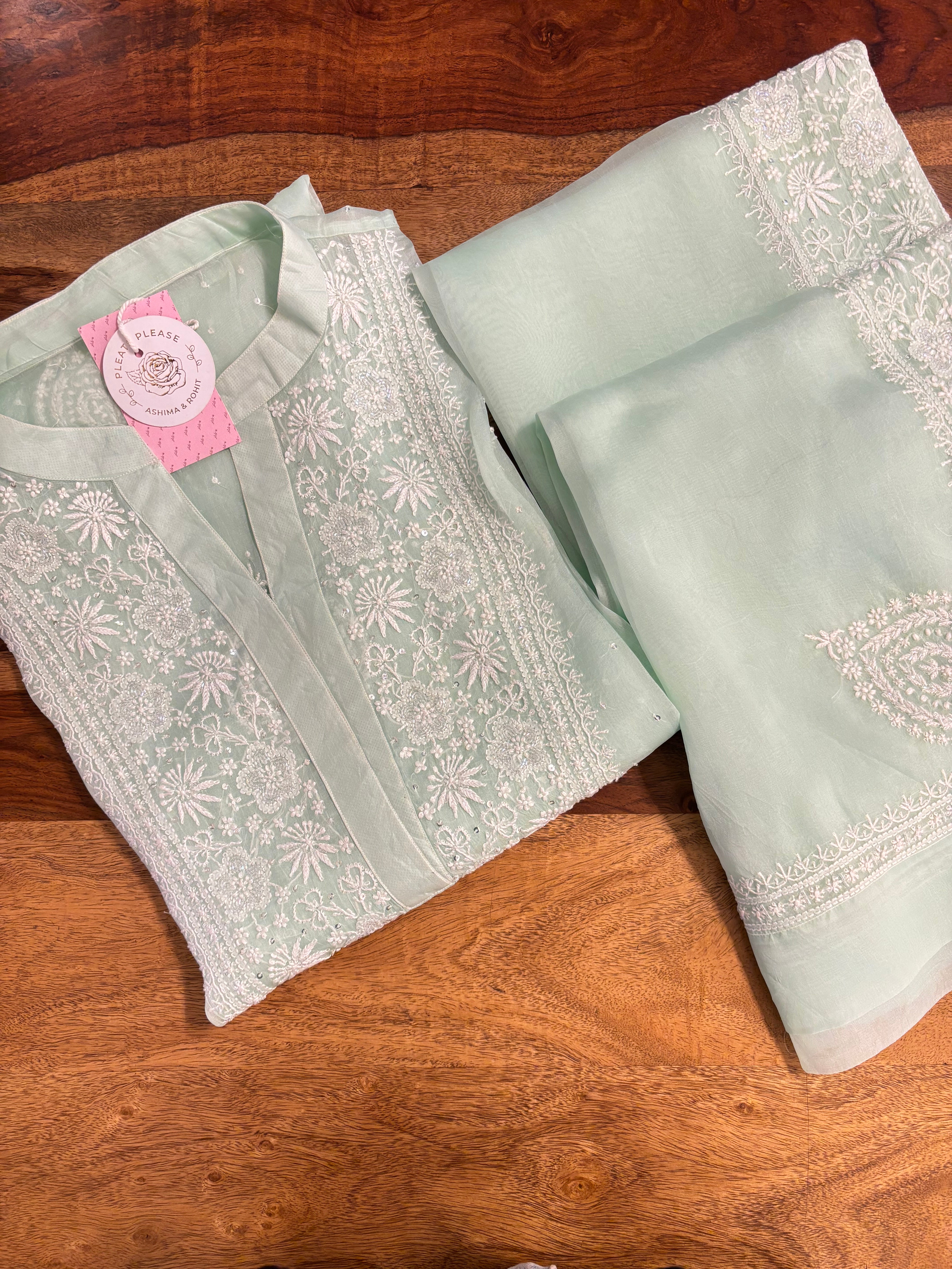 Sea Green Pure Organza Chikankari Co-ord Set