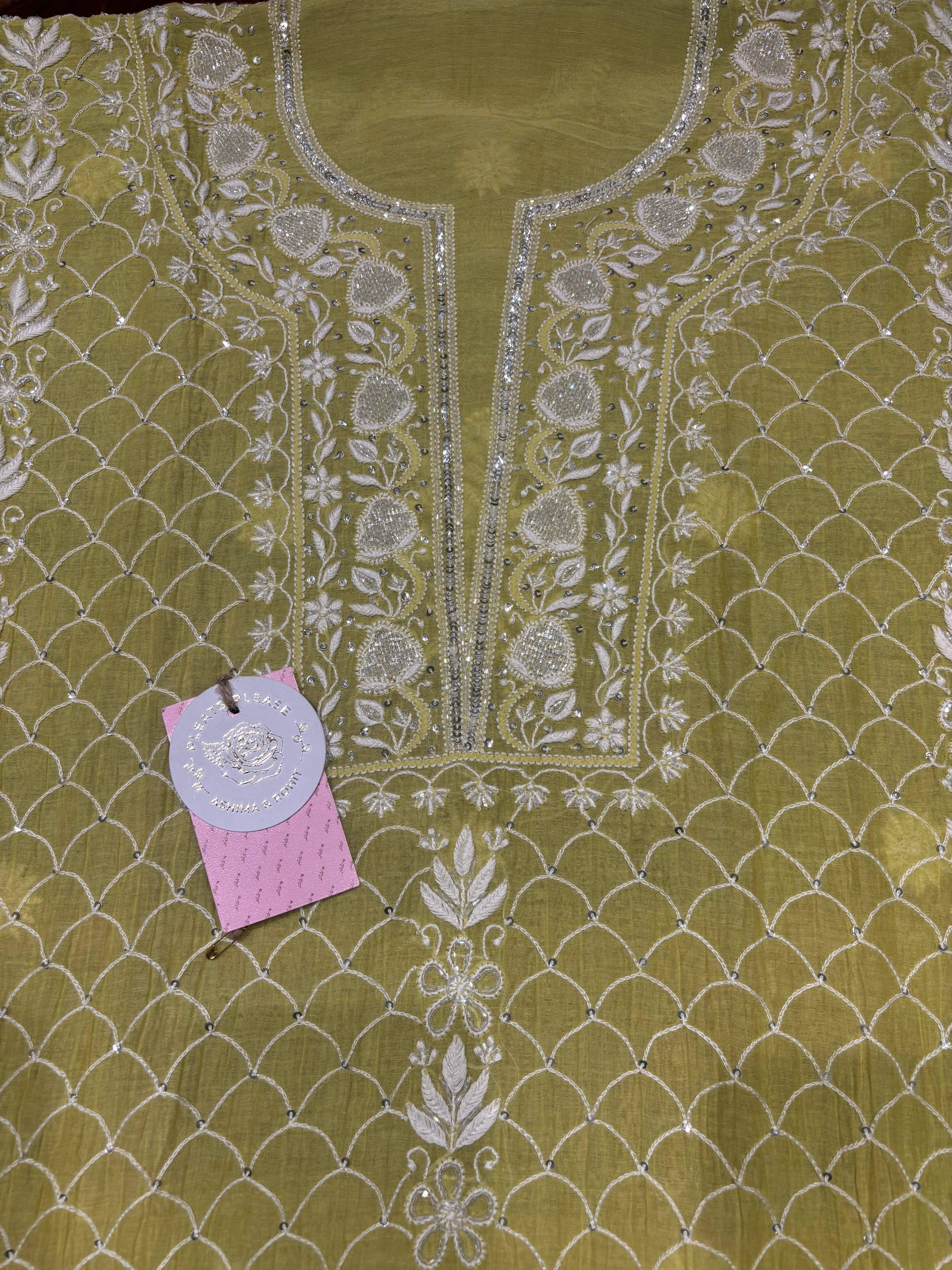 Neon Green Chanderi Mul Chikankari Kurta & Dupatta Set