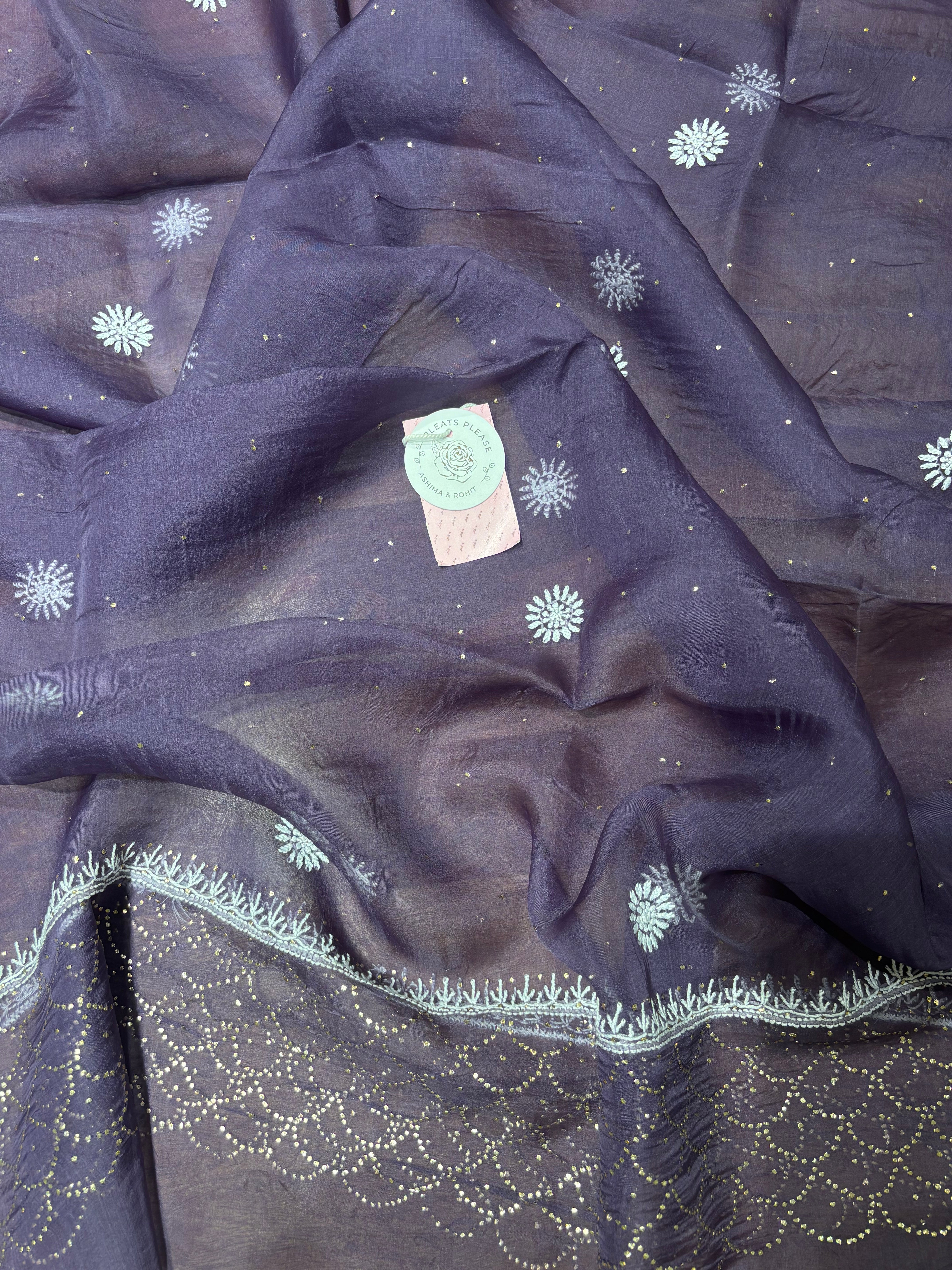 Deep Plum Pure Organza Silk Mukaish & Chikankari Anarkali & Dupatta