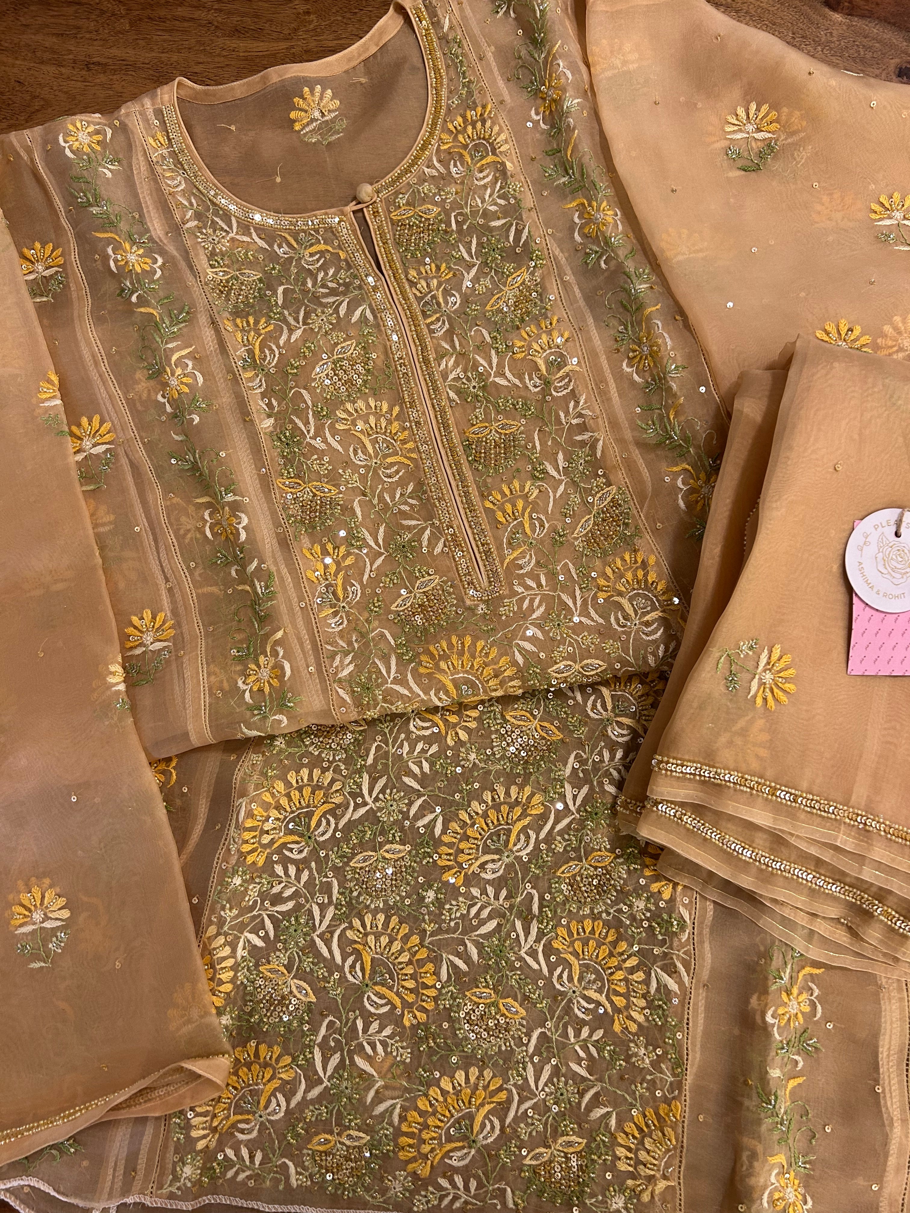 Golden Pure Organza Chikankari Kurta & Dupatta