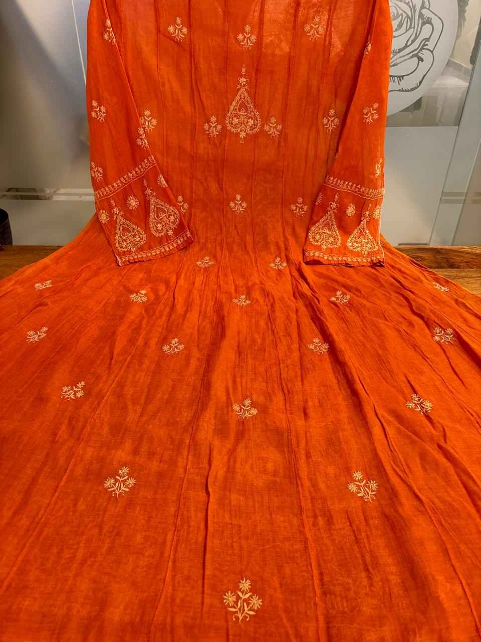 Orange Tissue Chikankari Anarkali kurta Dupatta Set